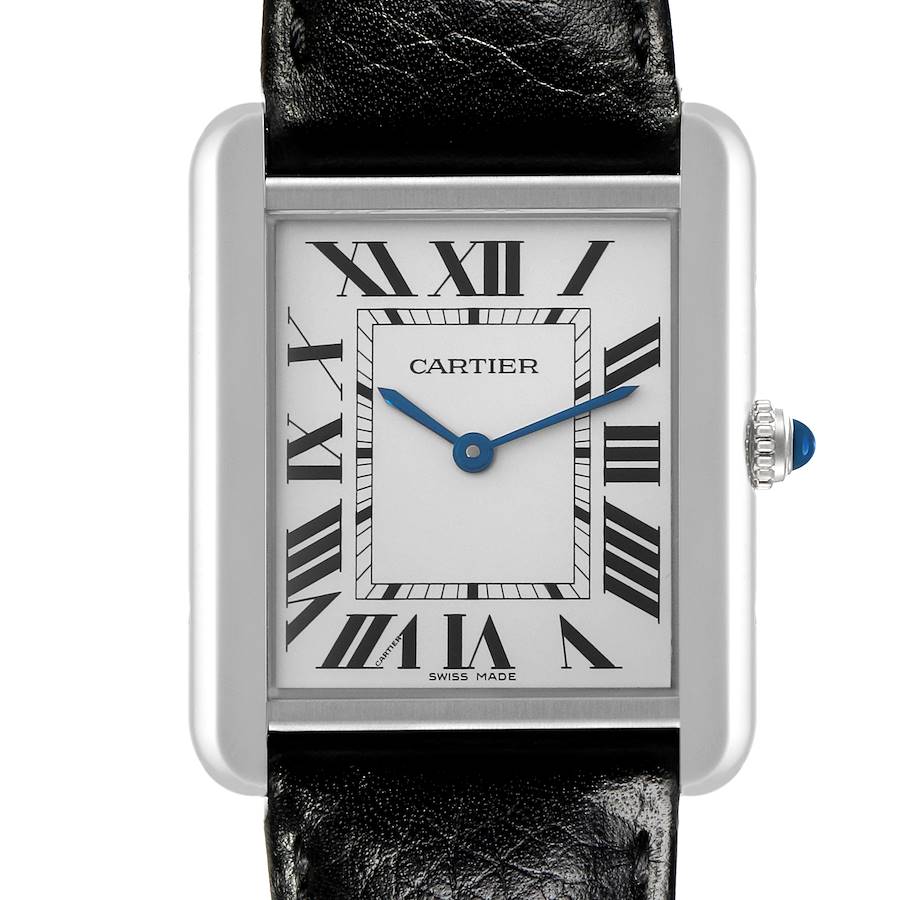 The Cartier Tank Solo watch is shown from the front, highlighting its rectangular face, Roman numerals, and blue hands.