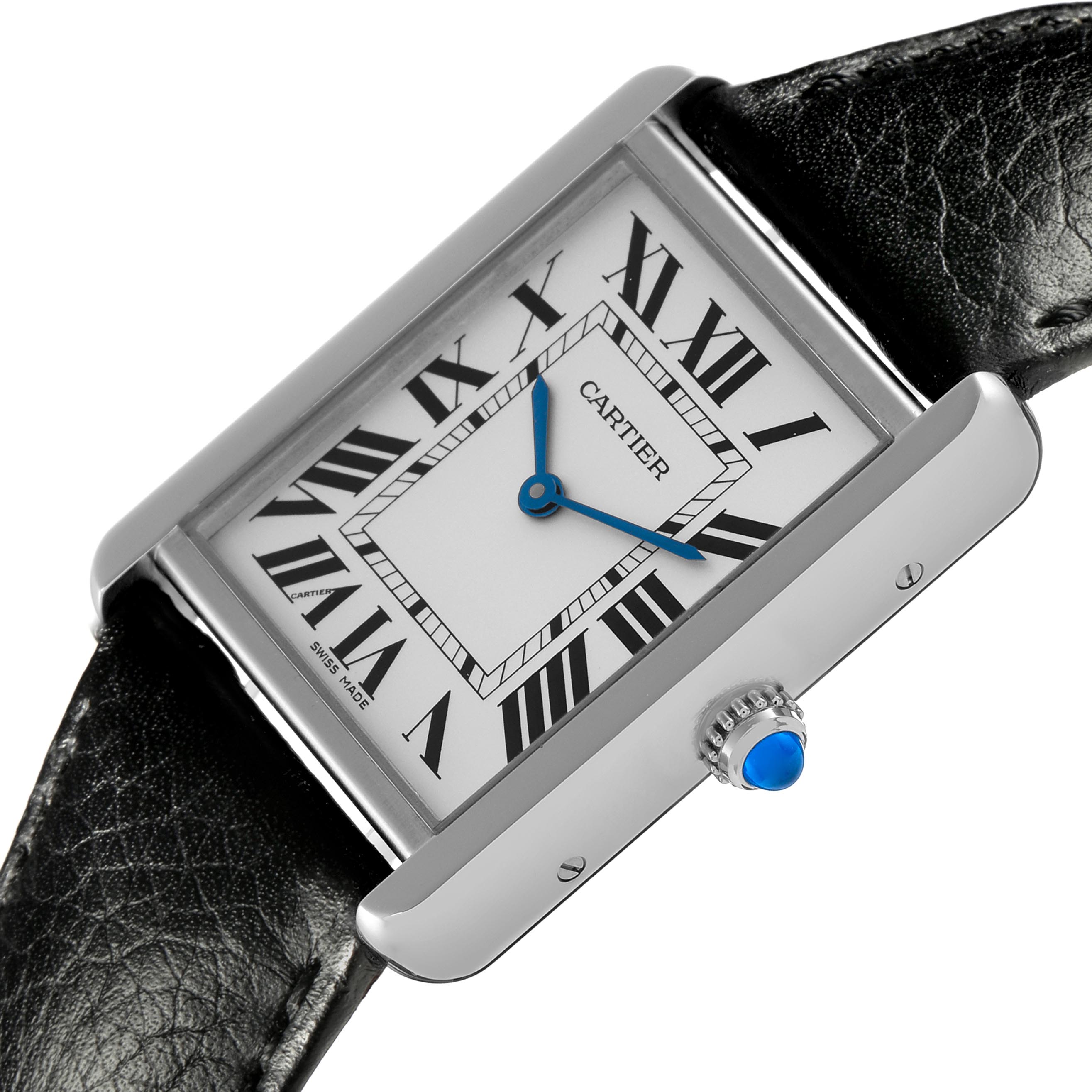 The Cartier Tank Solo WSTA0028 Men's Stainless Steel Silver Dial WSTA0028 Men's Stainless Steel Silver Dial watch is angled to show the face, Roman numerals, blue hands, bezel, crown, and leather strap.