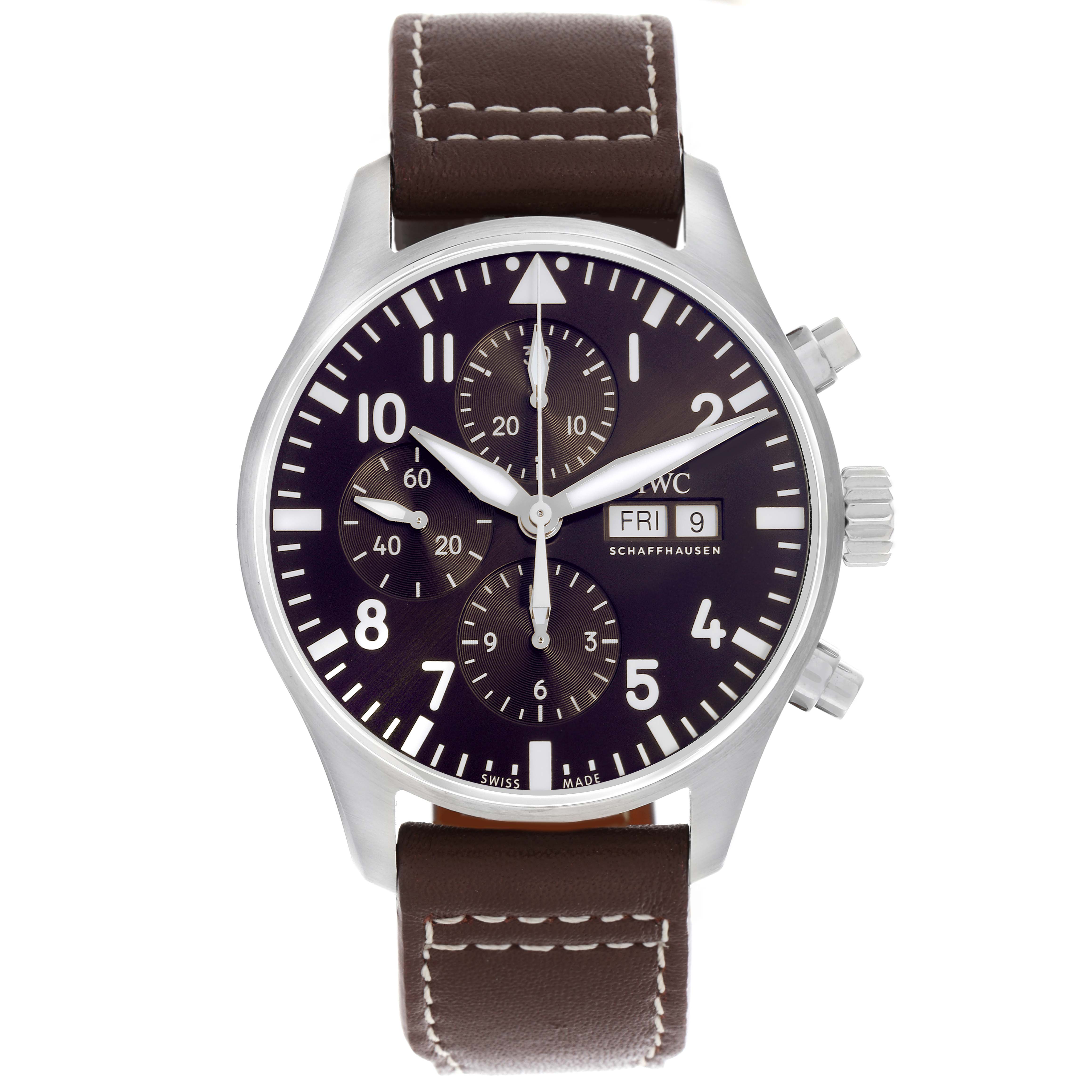 The IWC Pilot IW377713 Men's Stainless Steel Brown Dial IW377713 Men's Stainless Steel Brown Dial watch is shown from the front, highlighting the face, chronograph dials, and brown leather strap.