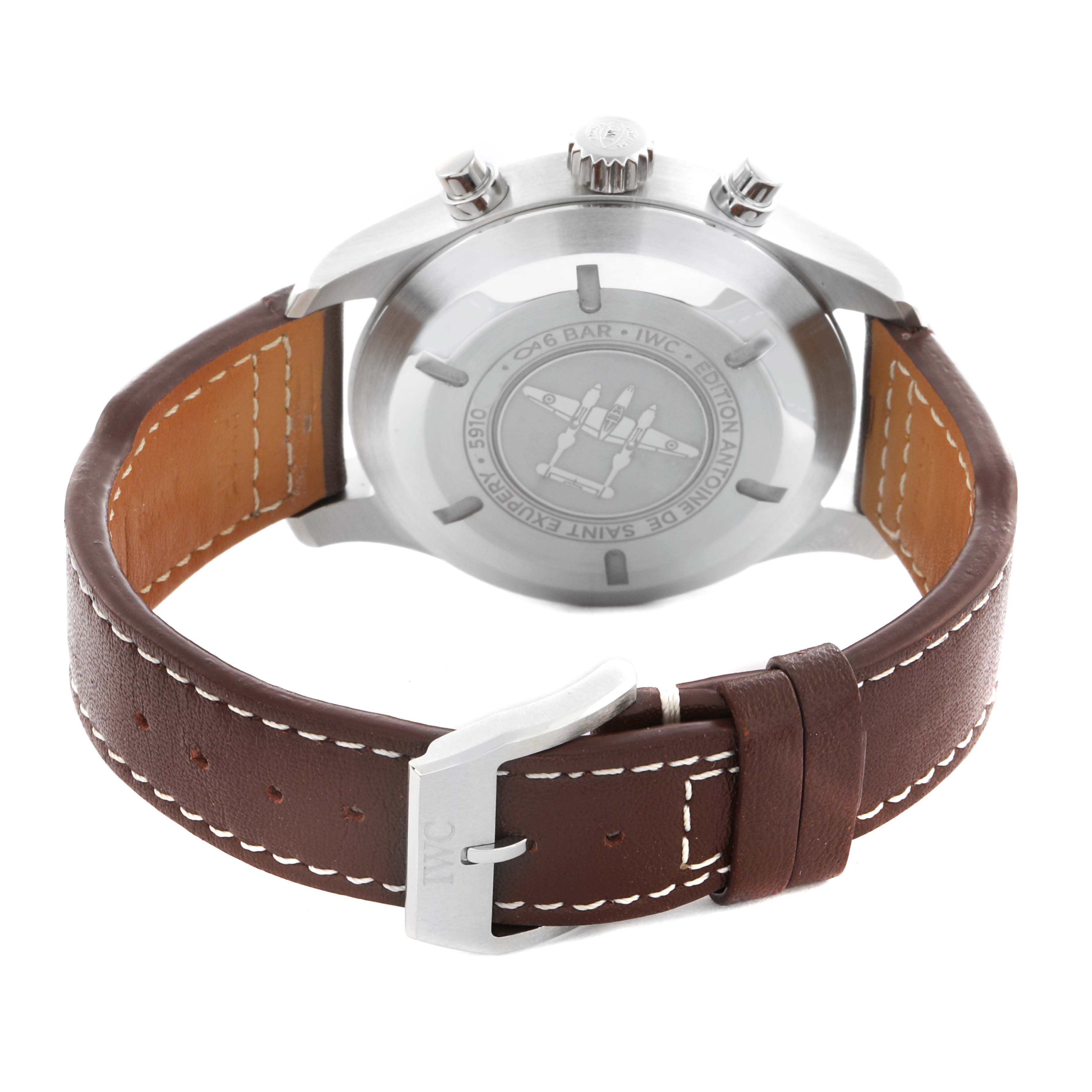The image shows the back view of the IWC Pilot IW377713 Men's Stainless Steel Brown Dial IW377713 Men's Stainless Steel Brown Dial watch, displaying the case back, crown, pushers, and brown leather strap.