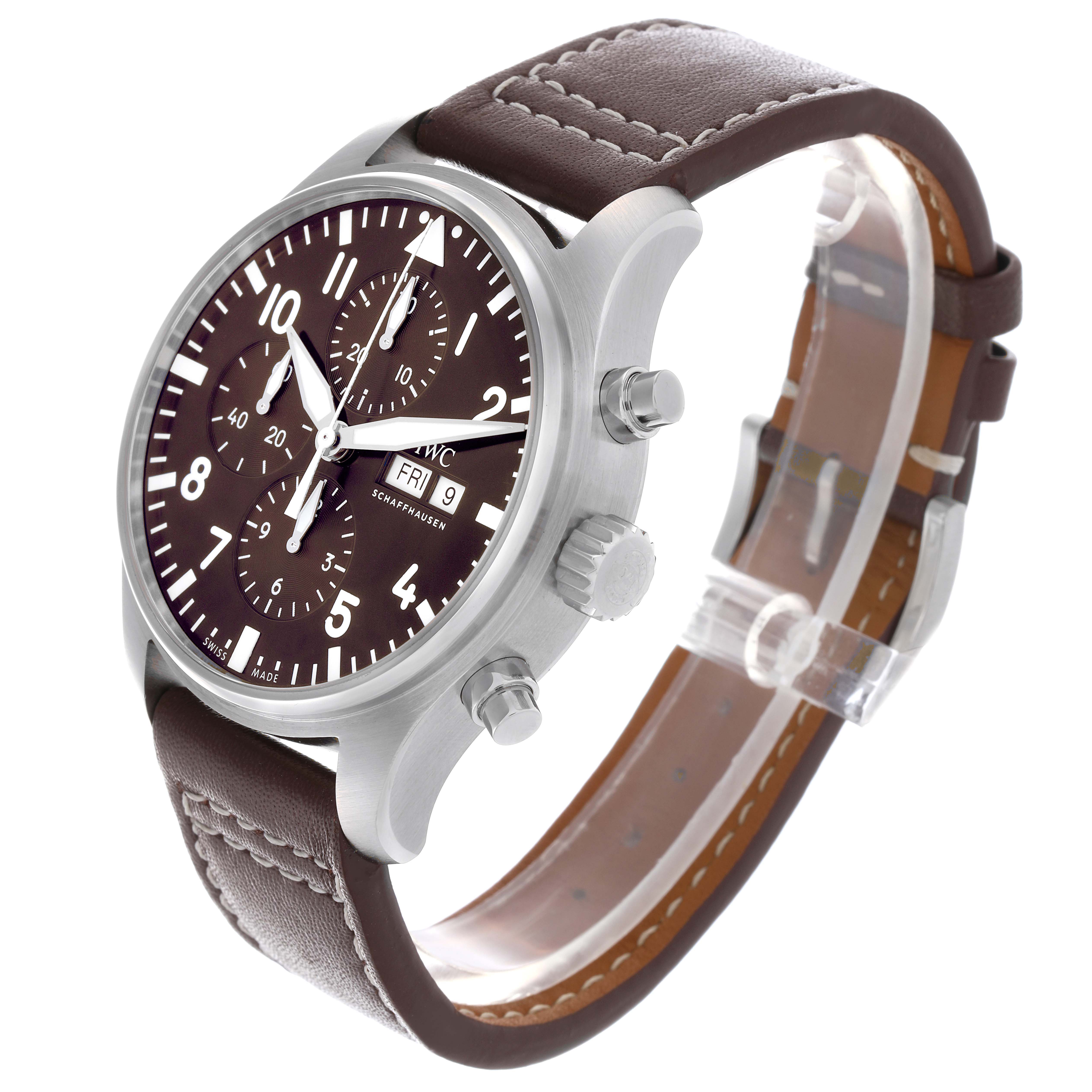 The IWC Pilot IW377713 Men's Stainless Steel Brown Dial IW377713 Men's Stainless Steel Brown Dial watch is shown at a three-quarter angle displaying the dial, crown, pushers, and leather strap.
