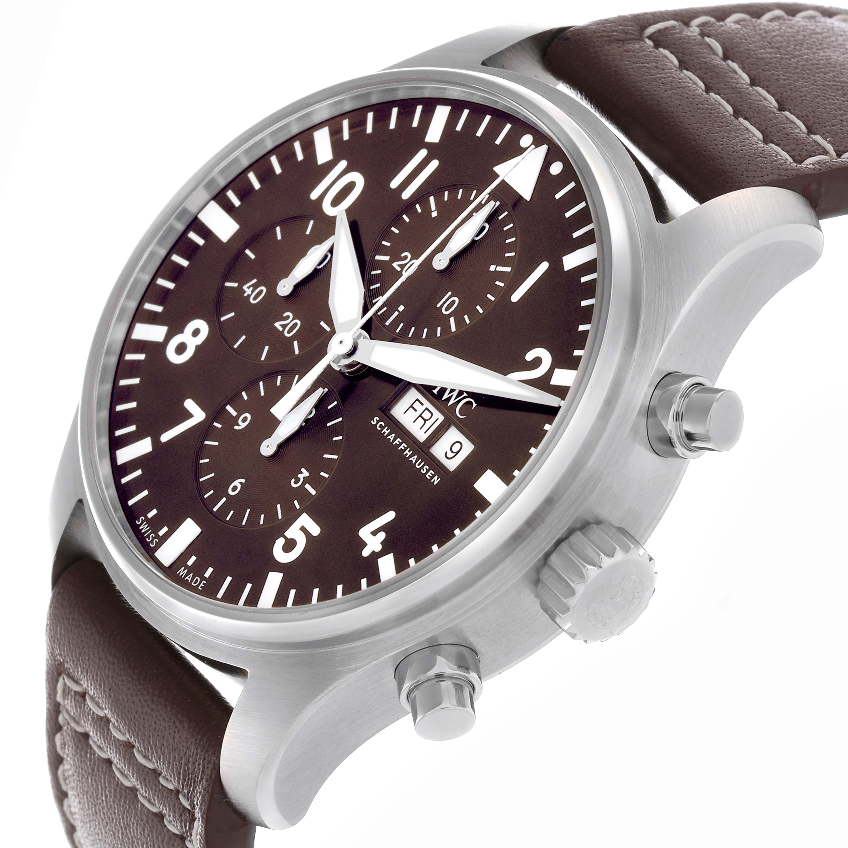 The IWC Pilot IW377713 Men's Stainless Steel Brown Dial IW377713 Men's Stainless Steel Brown Dial watch is shown at an angle highlighting the brown dial, subdials, crown, pushers, and leather strap.