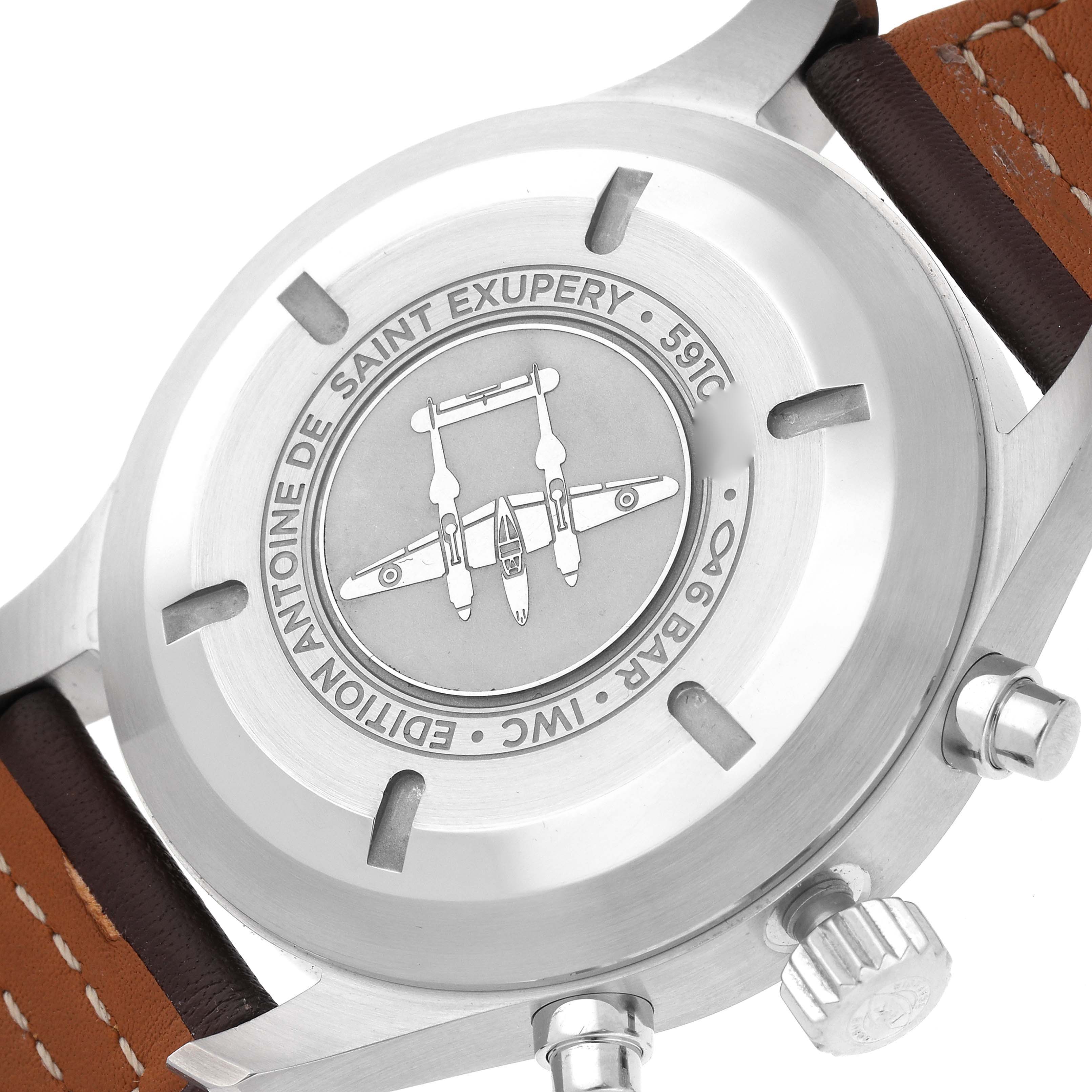The image shows the back case of an IWC Pilot IW377713 Men's Stainless Steel Brown Dial IW377713 Men's Stainless Steel Brown Dial watch, featuring engraved details and a leather strap.