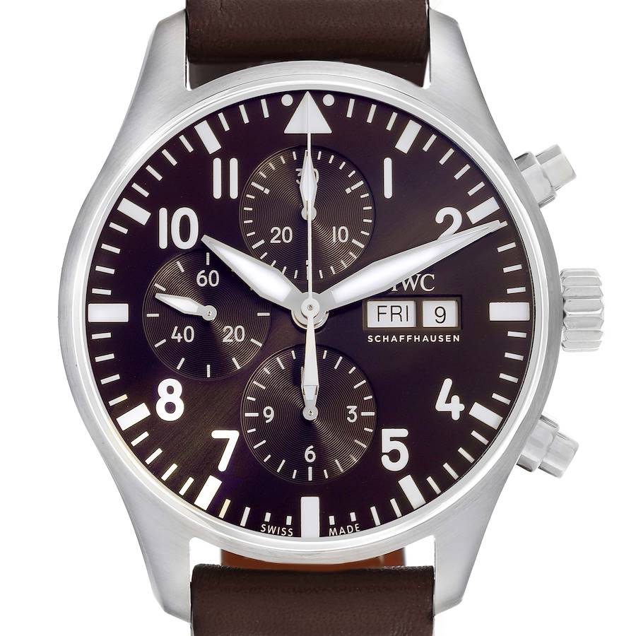 The IWC Pilot model watch is shown face-on, highlighting the dial, subdials, hands, crown, and strap.