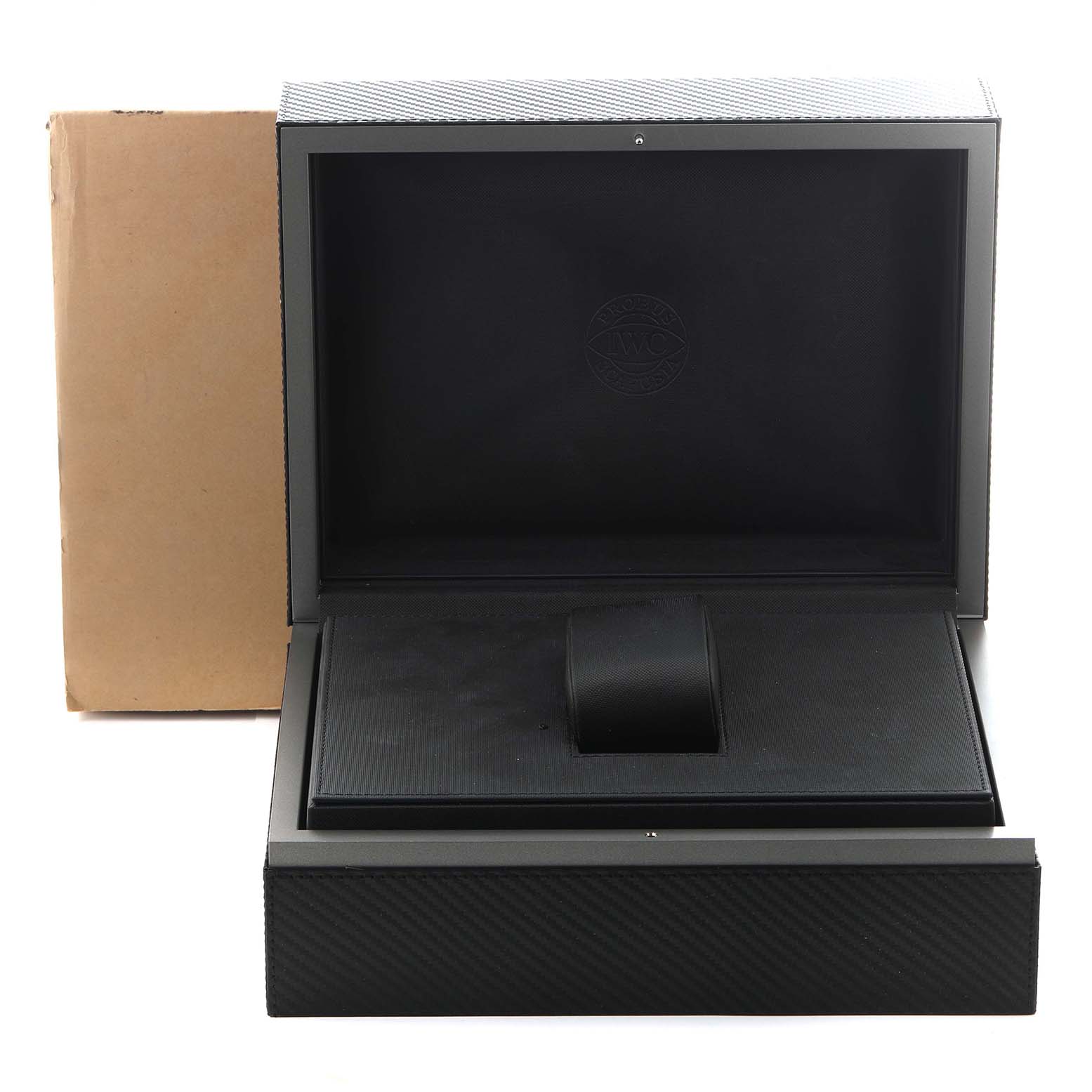 The image shows the open display box for an IWC Pilot IW377713 Men's Stainless Steel Brown Dial IW377713 Men's Stainless Steel Brown Dial model watch, featuring a cushioned holder and branded interior.