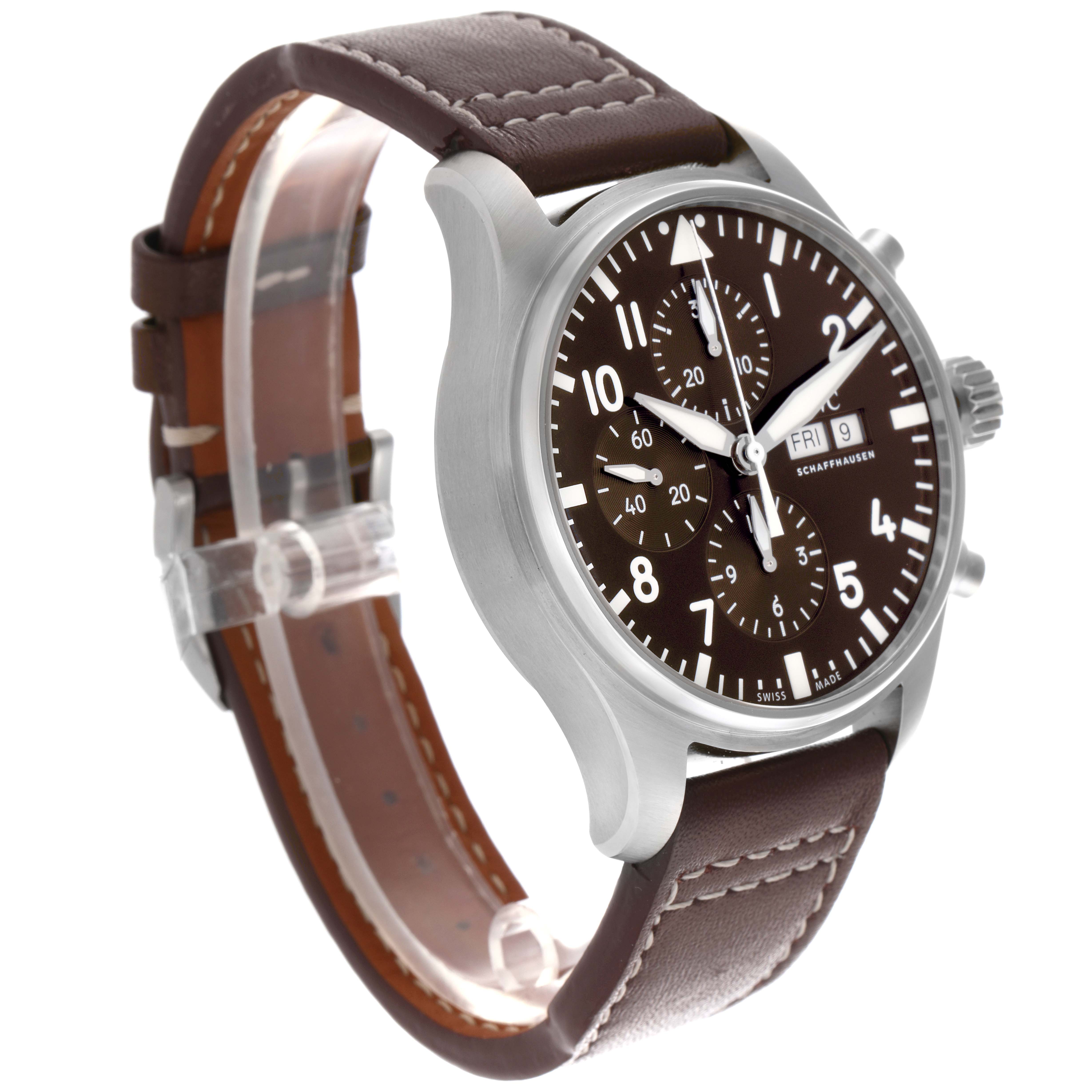 The IWC Pilot IW377713 Men's Stainless Steel Brown Dial IW377713 Men's Stainless Steel Brown Dial watch is shown at a three-quarter angle, displaying the face, bezel, crown, and leather strap.