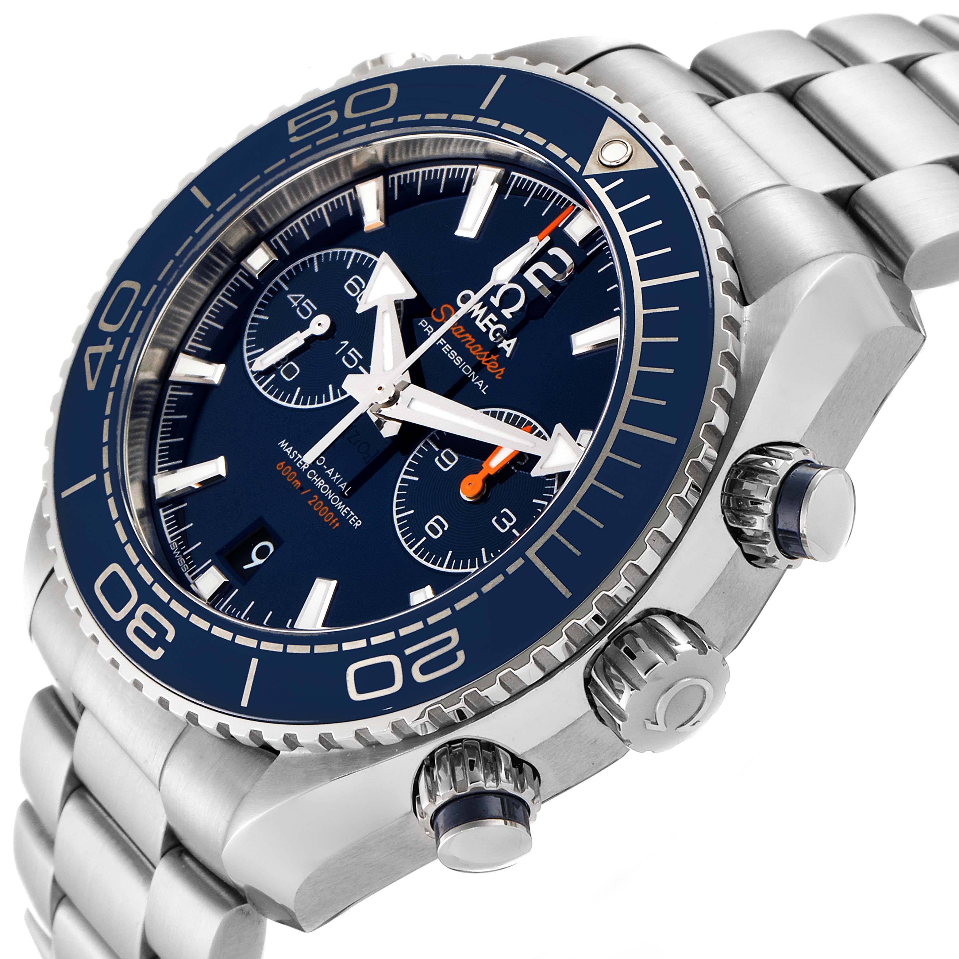 This image shows an angled view of the Omega Planet Ocean 215.30.46.51.03.001 Men's Stainless Steel Blue Dial 215.30.46.51.03.001 Men's Stainless Steel Blue Dial watch, displaying its bezel, dial, subdials, and metal bracelet clearly.