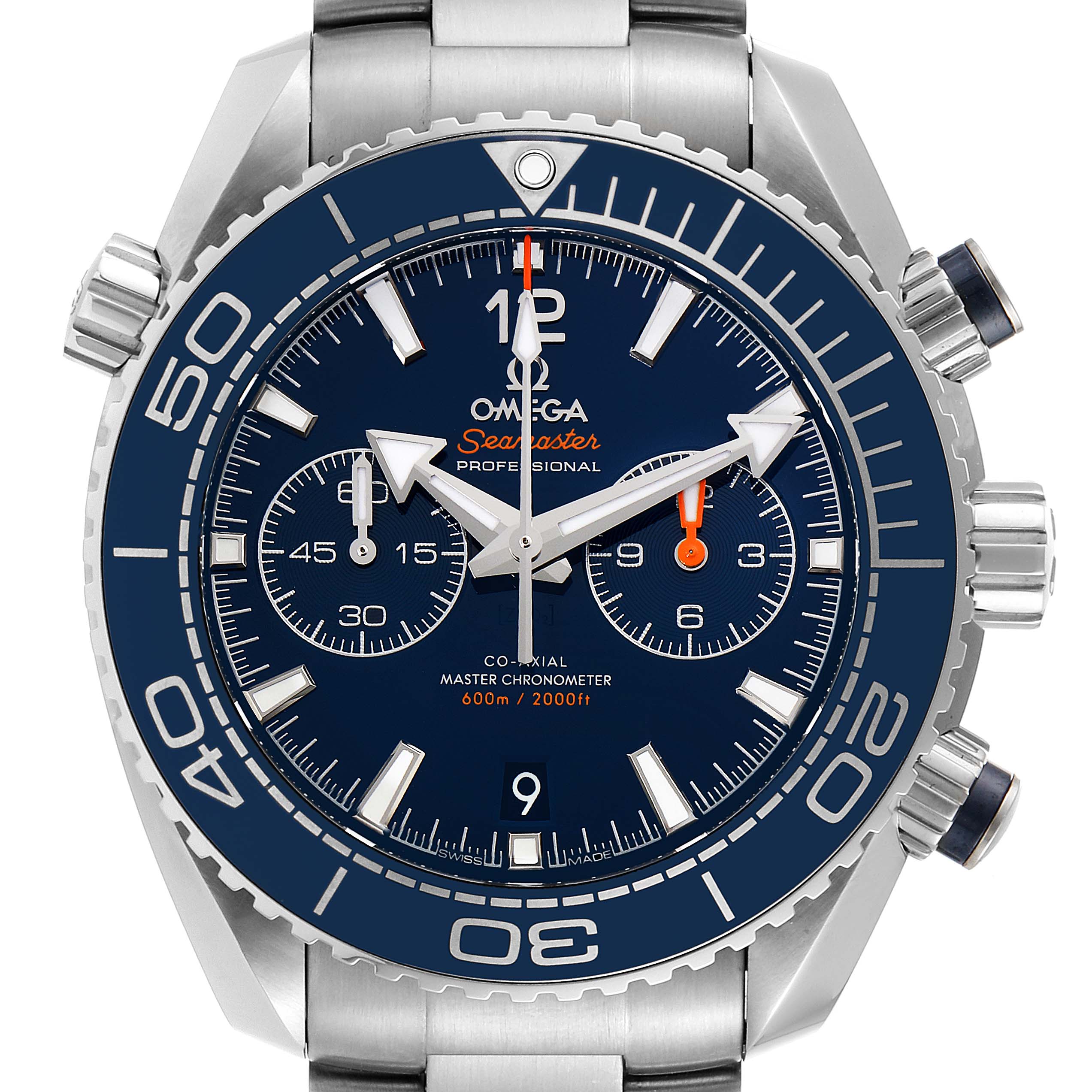 The image shows a front view of the Omega Planet Ocean 215.30.46.51.03.001 Men's Stainless Steel Blue Dial 215.30.46.51.03.001 Men's Stainless Steel Blue Dial Seamaster wristwatch, displaying its dial, hands, and chronograph sub-dials.