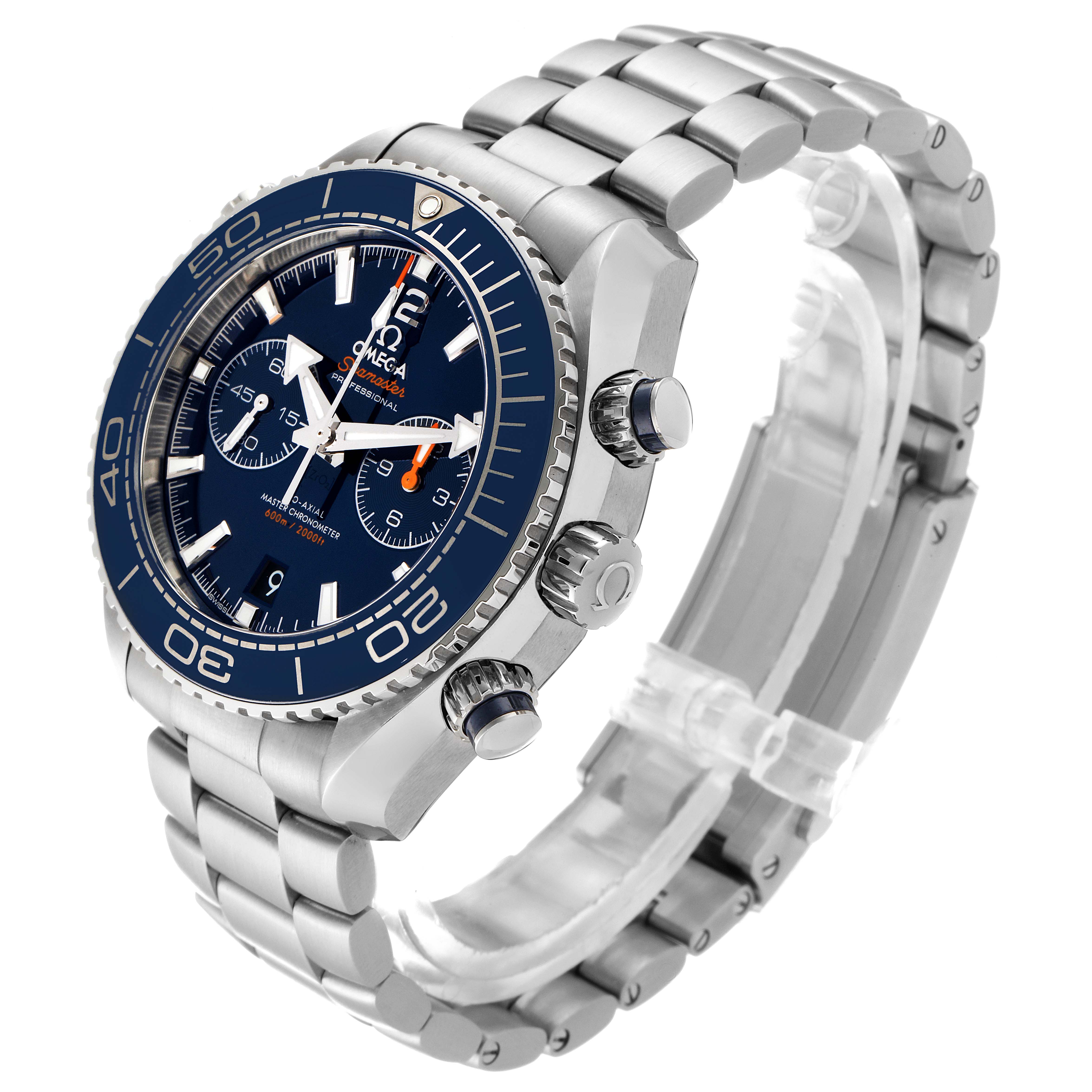 The image shows a side angle of the Omega Planet Ocean 215.30.46.51.03.001 Men's Stainless Steel Blue Dial 215.30.46.51.03.001 Men's Stainless Steel Blue Dial watch, highlighting the bezel, crown, pushers, and steel bracelet.