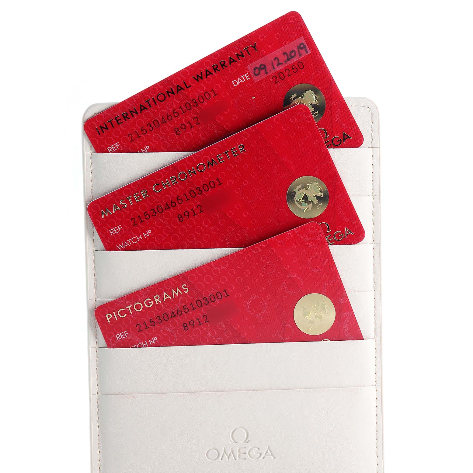 The image shows three red warranty and certification cards for the Omega Planet Ocean 215.30.46.51.03.001 Men's Stainless Steel Blue Dial 215.30.46.51.03.001 Men's Stainless Steel Blue Dial watch in a white Omega card holder.