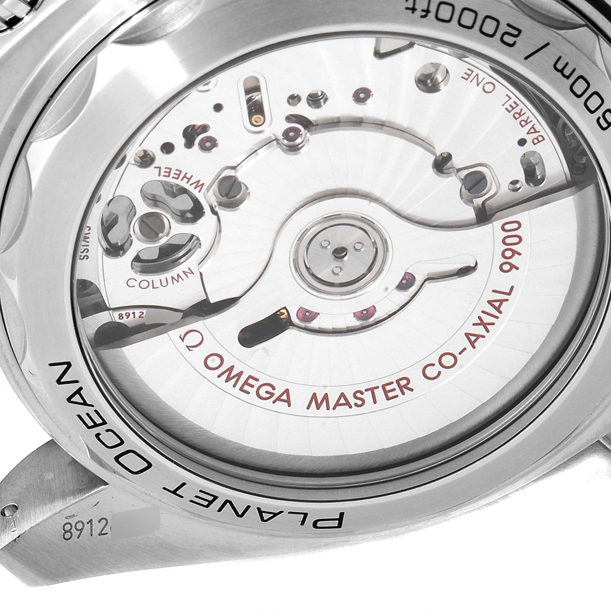 This image shows the back of the Omega Planet Ocean 215.30.46.51.03.001 Men's Stainless Steel Blue Dial 215.30.46.51.03.001 Men's Stainless Steel Blue Dial watch, highlighting the Omega Master Co-Axial 9900 movement.