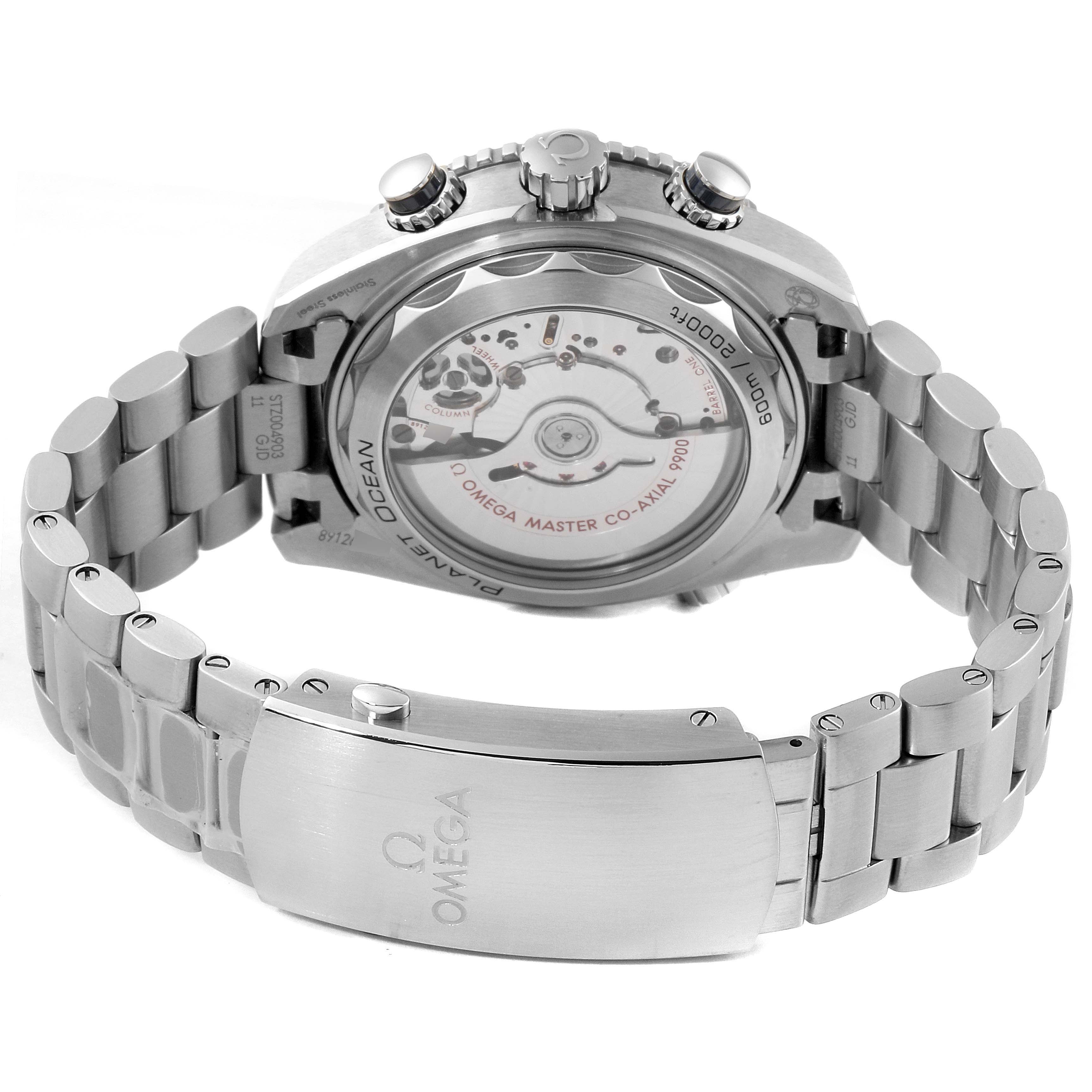 The image shows the back view of the Omega Planet Ocean 215.30.46.51.03.001 Men's Stainless Steel Blue Dial 215.30.46.51.03.001 Men's Stainless Steel Blue Dial watch, highlighting its movement and bracelet.