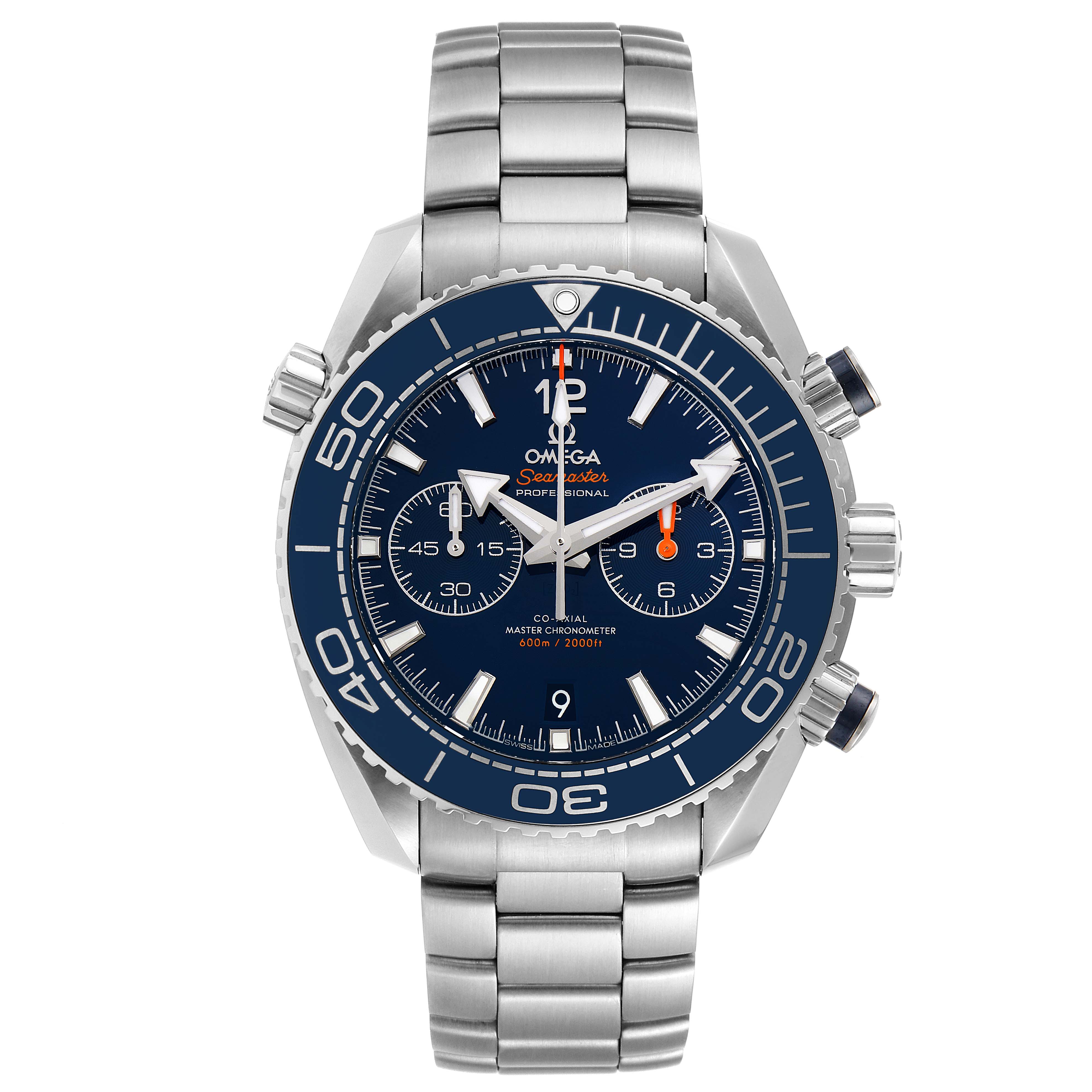 The Omega Planet Ocean 215.30.46.51.03.001 Men's Stainless Steel Blue Dial 215.30.46.51.03.001 Men's Stainless Steel Blue Dial watch is shown from a front angle, displaying its face, bezel, and stainless steel bracelet.