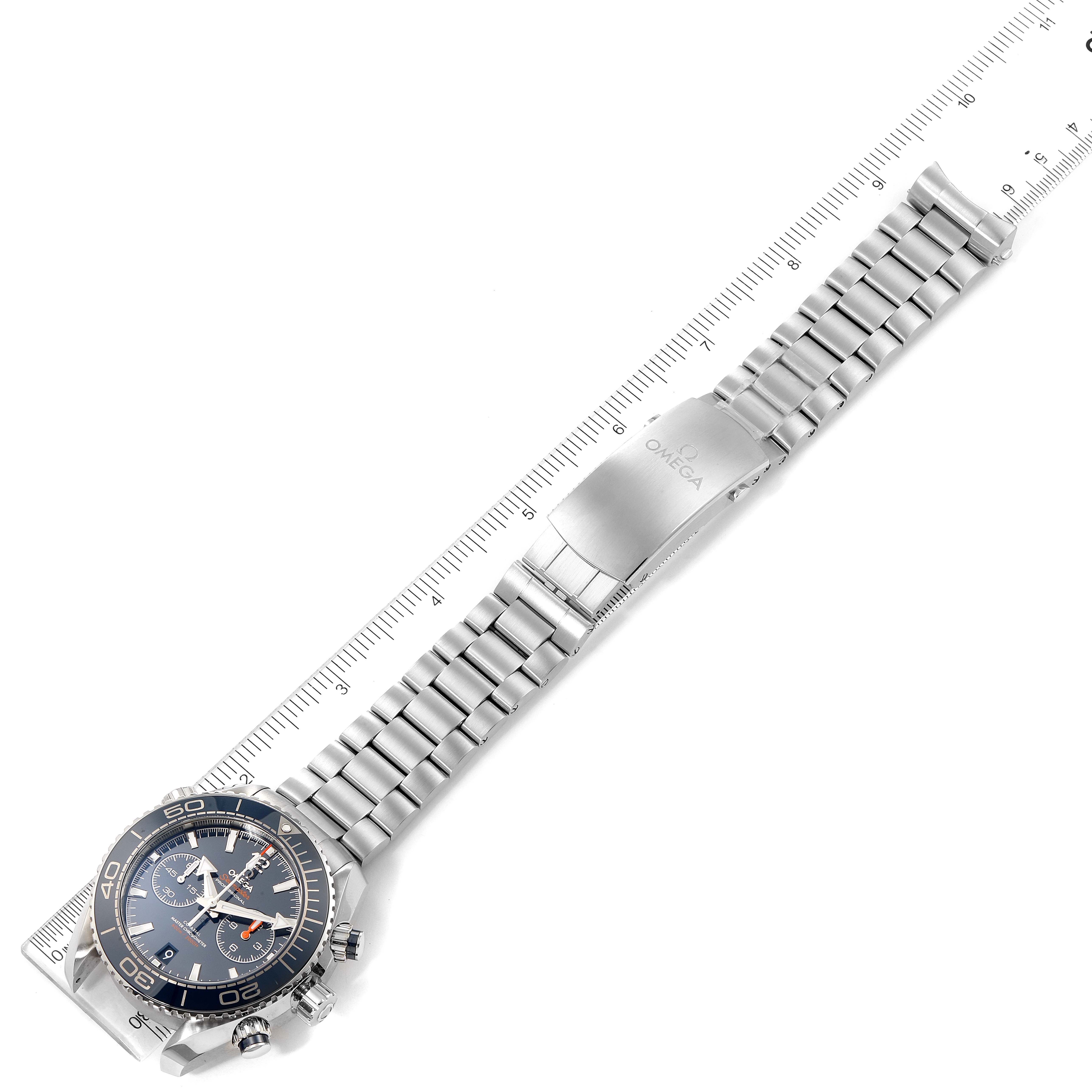 This image shows an Omega Planet Ocean 215.30.46.51.03.001 Men's Stainless Steel Blue Dial 215.30.46.51.03.001 Men's Stainless Steel Blue Dial watch depicted from a top-down angle, featuring the entire bracelet and clasp.