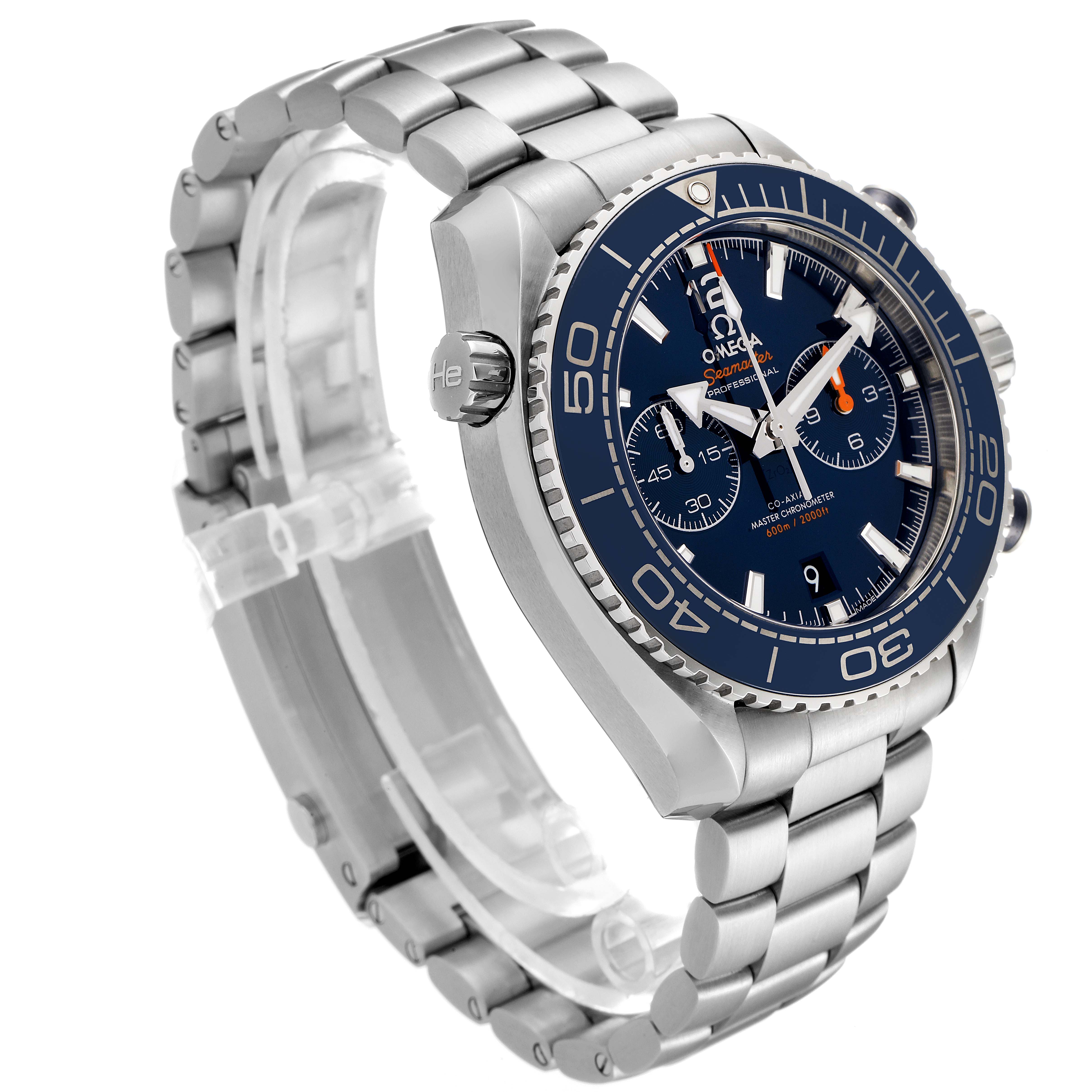 The Omega Planet Ocean 215.30.46.51.03.001 Men's Stainless Steel Blue Dial 215.30.46.51.03.001 Men's Stainless Steel Blue Dial watch is shown at an angled side view, displaying its dial, bezel, crown, and bracelet.