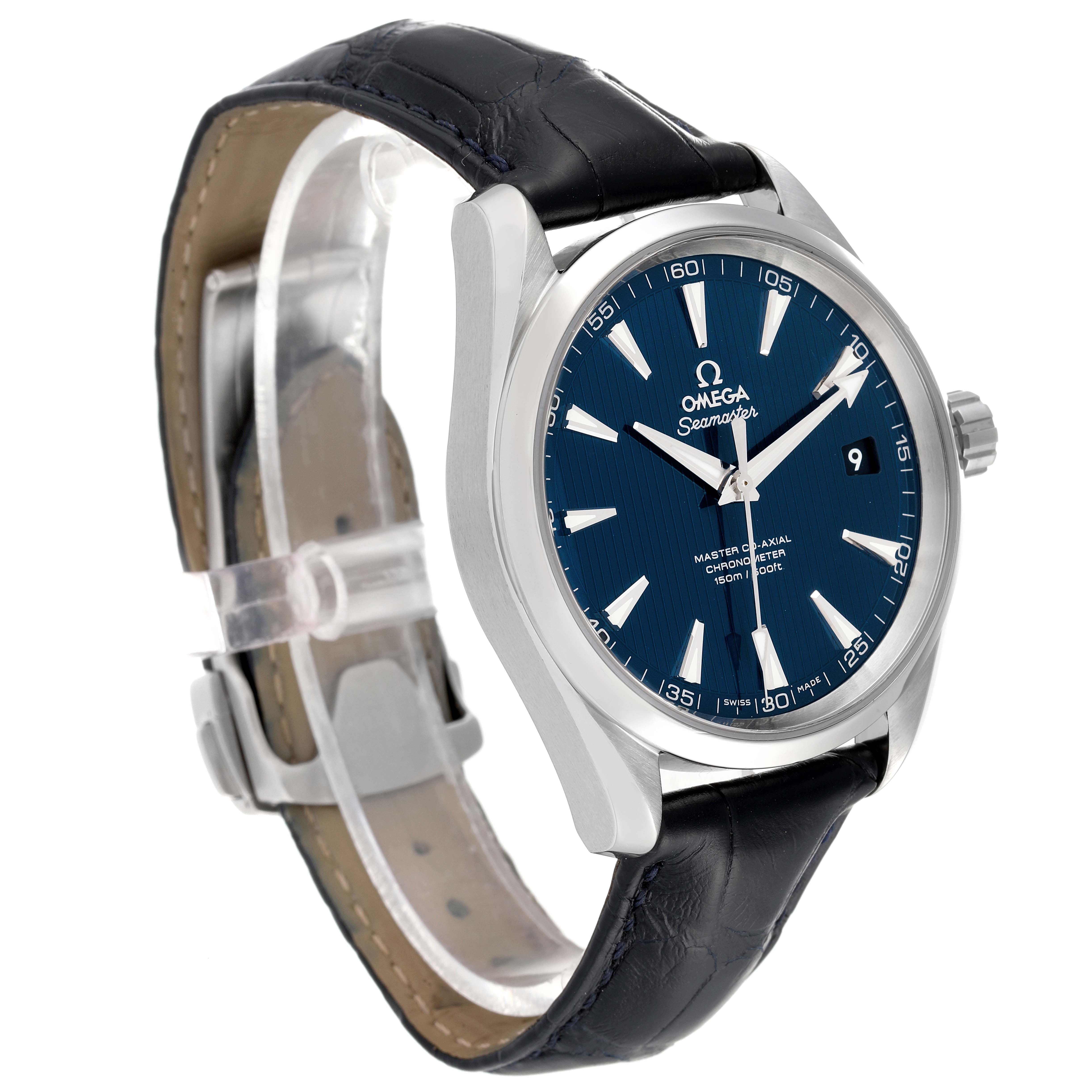 The Omega Aqua Terra 231.13.42.21.03.001 Men
s Stainless Steel Blue Dial 231.13.42.21.03.001 Men
s Stainless Steel Blue Dial watch is shown at a three-quarter angle, displaying the blue dial, bezel, crown, and black leather strap.