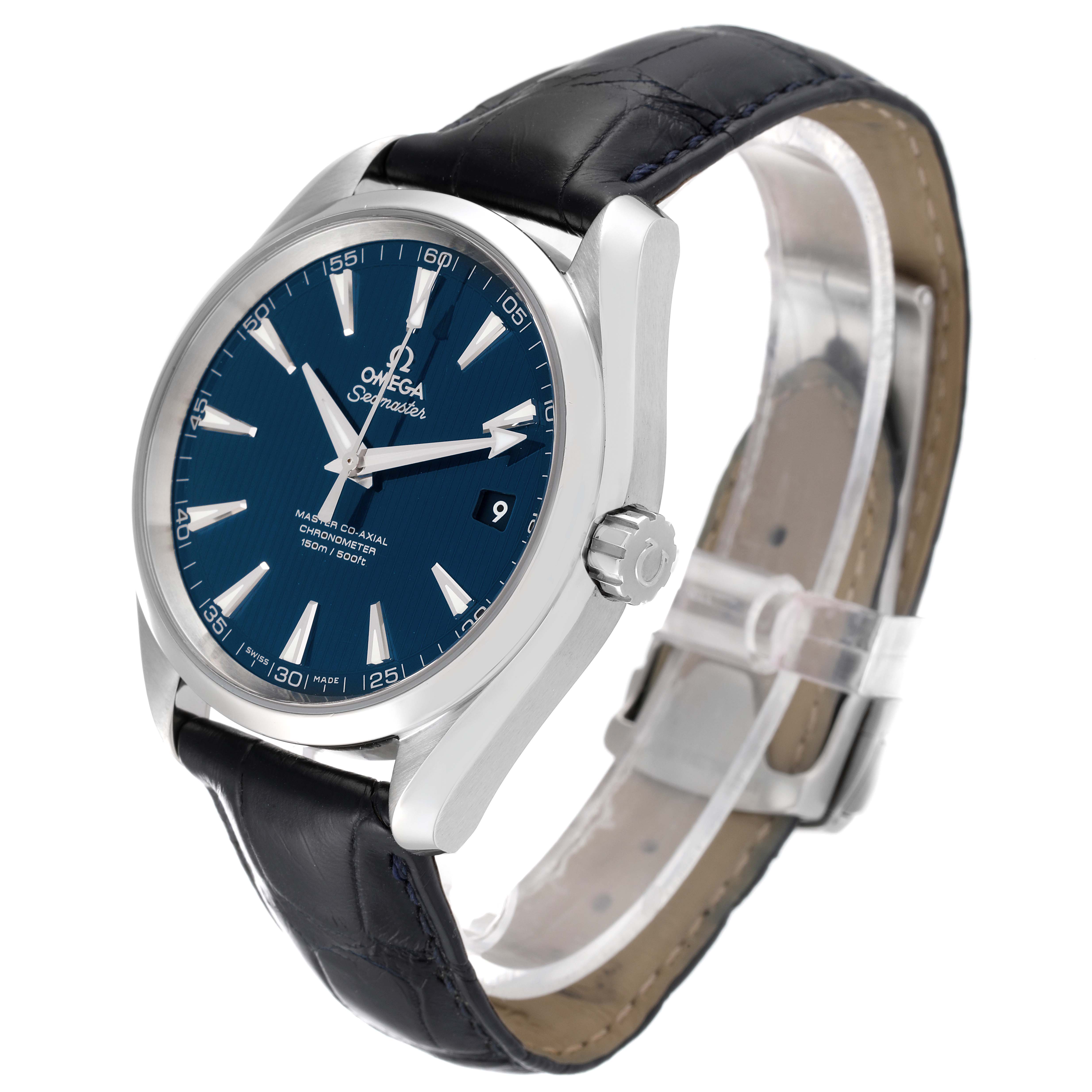 The Omega Aqua Terra 231.13.42.21.03.001 Men
s Stainless Steel Blue Dial 231.13.42.21.03.001 Men
s Stainless Steel Blue Dial watch is shown at an angle displaying the blue dial, case, crown, and black leather strap.