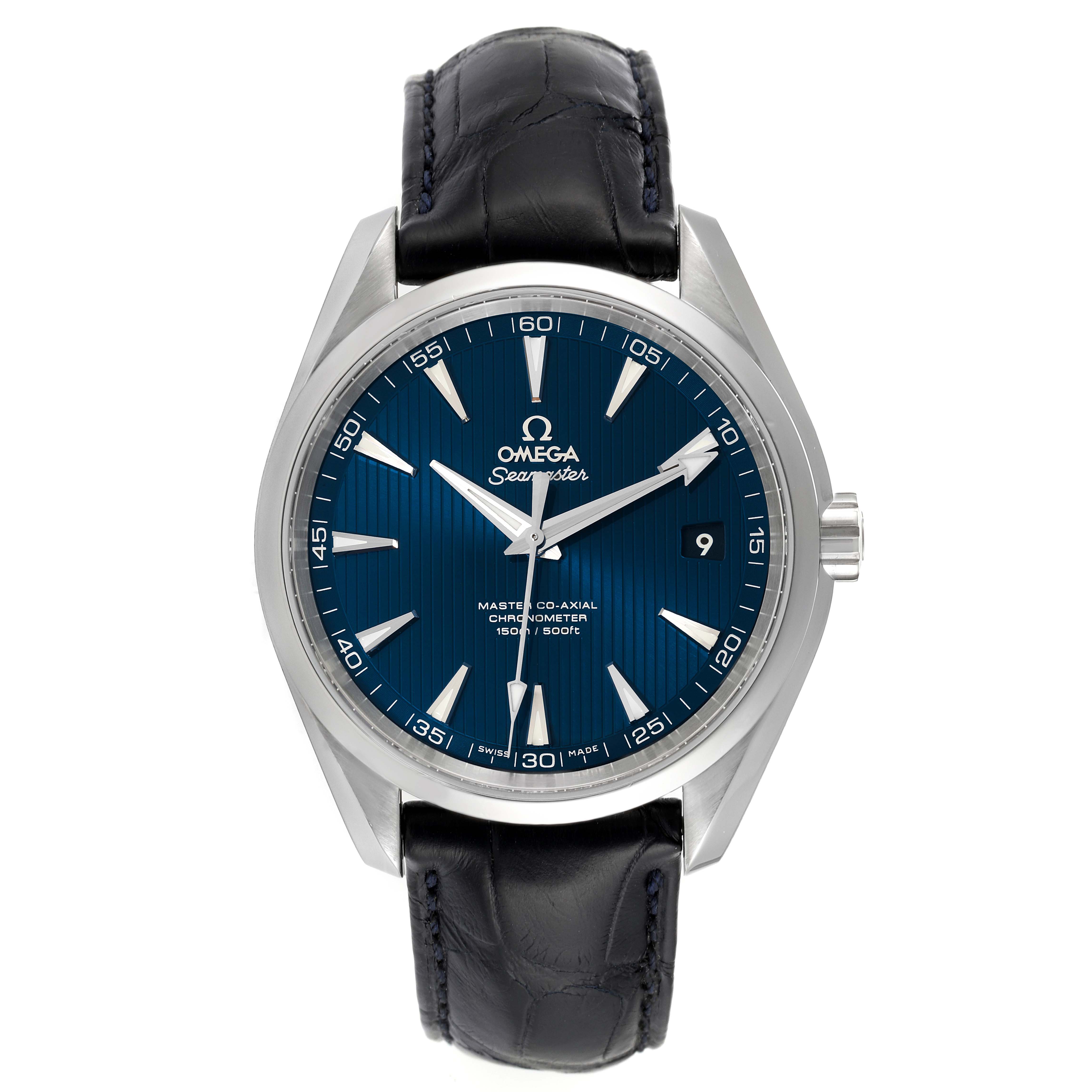 The image shows a front view of an Omega Aqua Terra 231.13.42.21.03.001 Men
s Stainless Steel Blue Dial 231.13.42.21.03.001 Men
s Stainless Steel Blue Dial model watch with a blue dial and black leather strap.