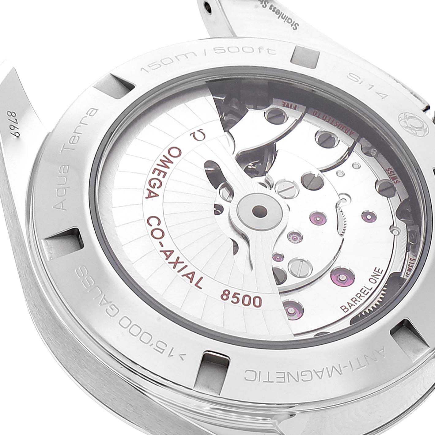 The image shows the back casing and movement mechanism of the Omega Aqua Terra 231.13.42.21.03.001 Men
s Stainless Steel Blue Dial 231.13.42.21.03.001 Men
s Stainless Steel Blue Dial model watch, viewed from an angled close-up perspective.