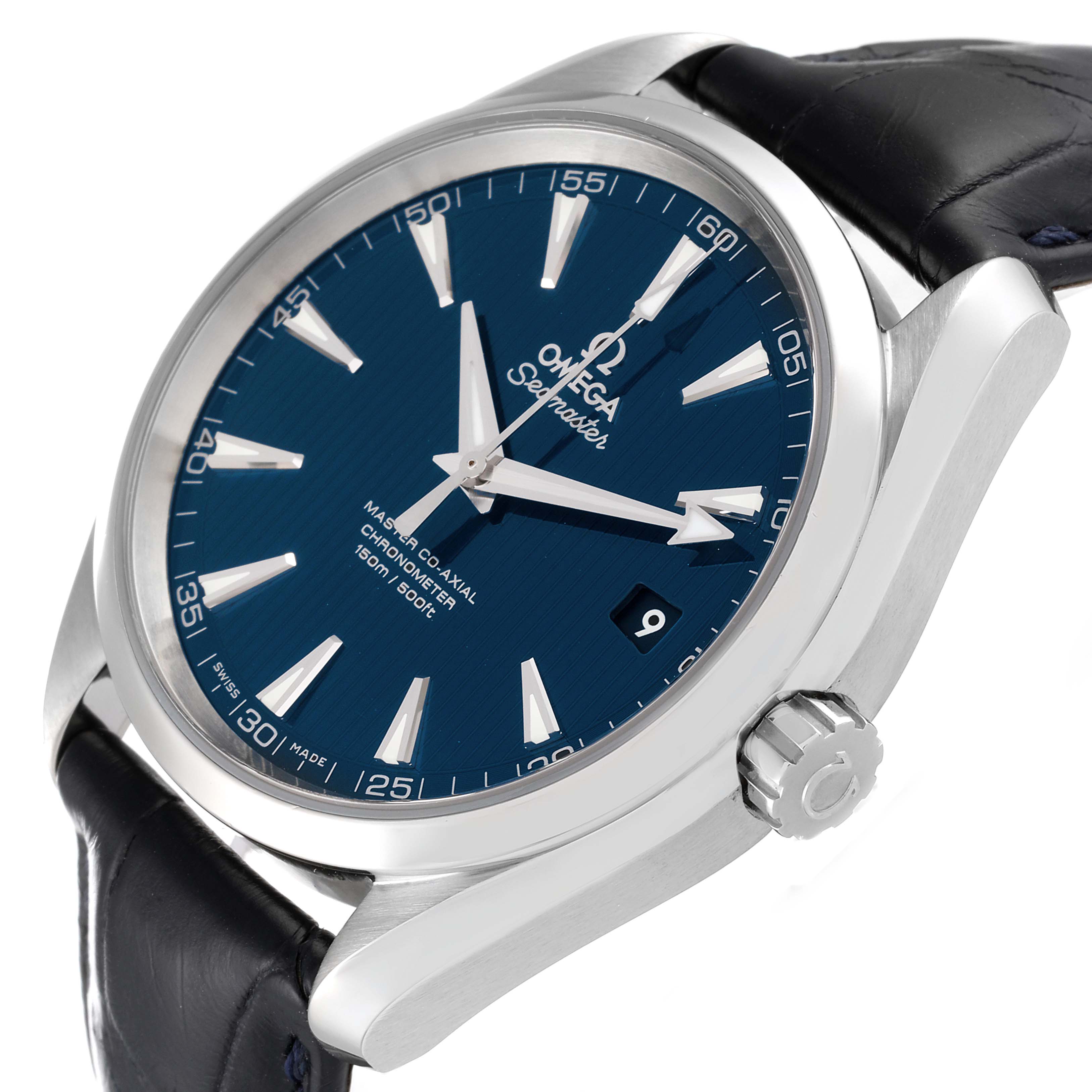 This Omega Aqua Terra 231.13.42.21.03.001 Men
s Stainless Steel Blue Dial 231.13.42.21.03.001 Men
s Stainless Steel Blue Dial watch is shown at a three-quarter angle highlighting the face, crown, and part of the strap.