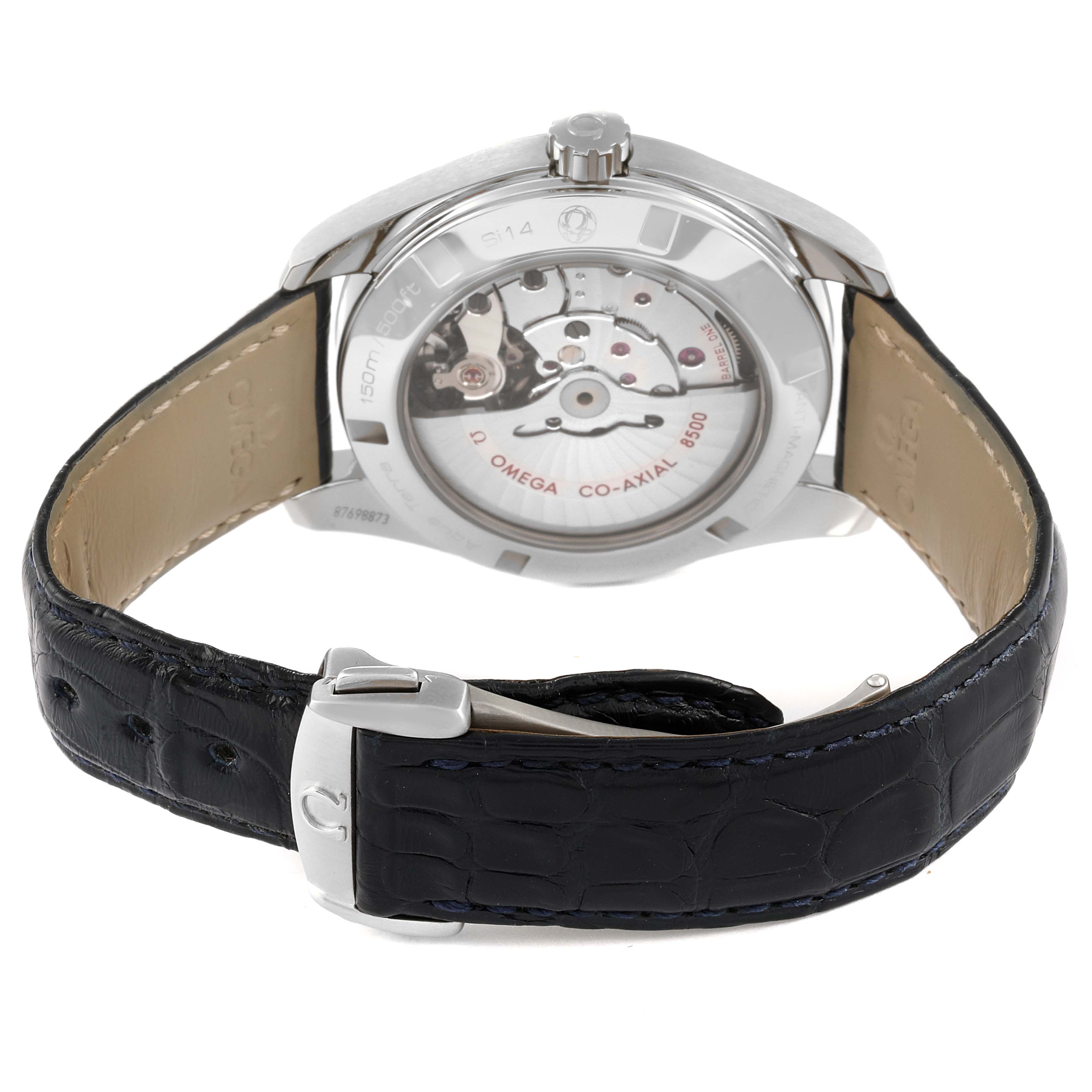 The image shows the back view of the Omega Aqua Terra 231.13.42.21.03.001 Men
s Stainless Steel Blue Dial 231.13.42.21.03.001 Men
s Stainless Steel Blue Dial watch, highlighting its movement and black leather strap.