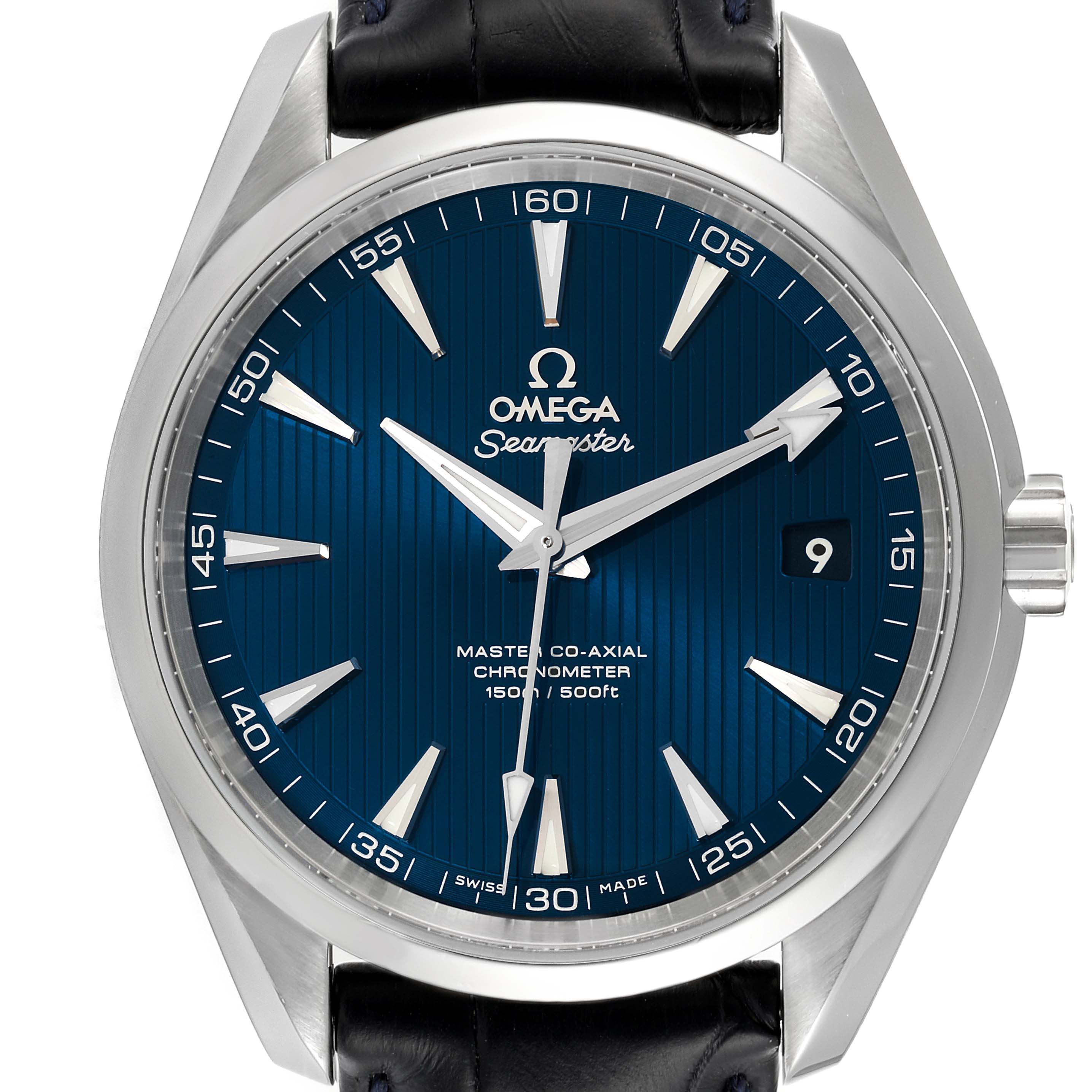The Omega Aqua Terra 231.13.42.21.03.001 Men
s Stainless Steel Blue Dial 231.13.42.21.03.001 Men
s Stainless Steel Blue Dial watch is shown from a front angle, displaying its blue dial, indexes, hands, and date window at 3 o
clock.