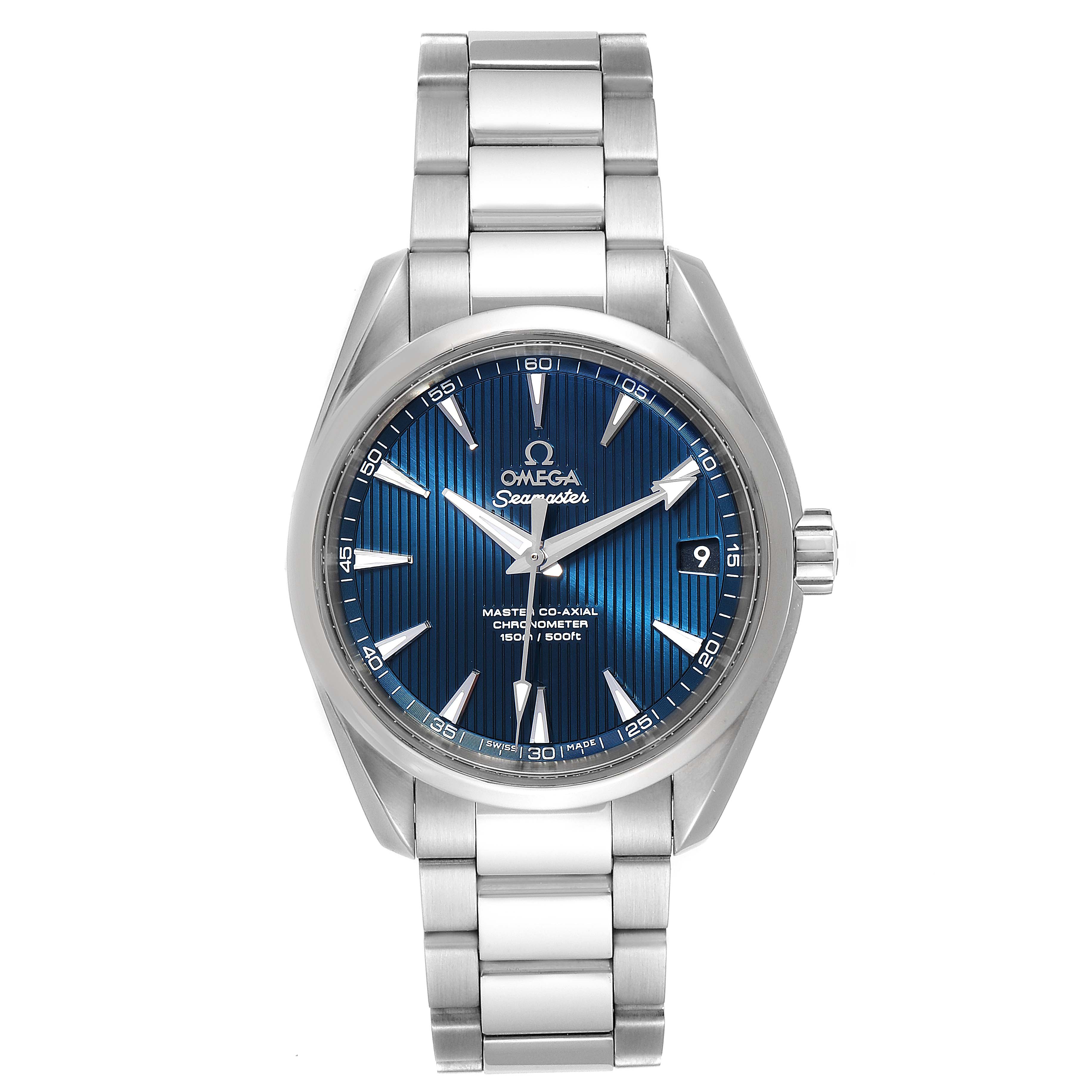 This Omega Aqua Terra 231.10.39.21.03.002 Men
s Stainless Steel Blue Dial 231.10.39.21.03.002 Men
s Stainless Steel Blue Dial watch is shown from a direct front angle, displaying the face, bezel, and bracelet.