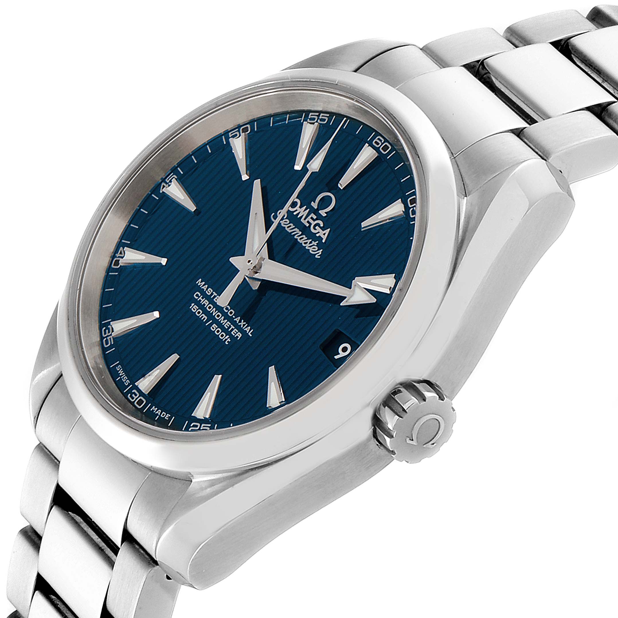 This Omega Aqua Terra 231.10.39.21.03.002 Men
s Stainless Steel Blue Dial 231.10.39.21.03.002 Men
s Stainless Steel Blue Dial watch is shown from an angled side view featuring the dial, crown, and stainless steel bracelet.