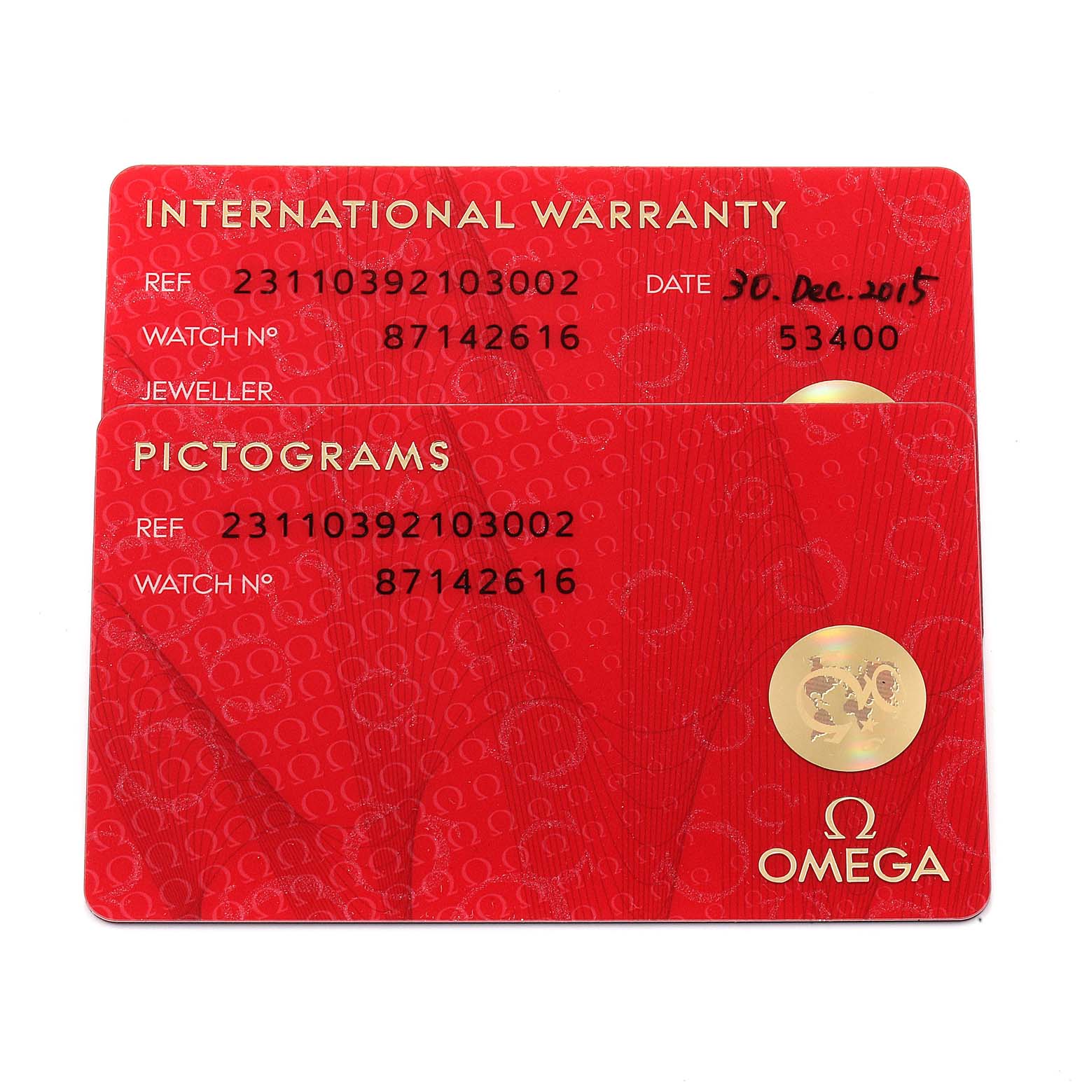 The image shows the International Warranty and Pictograms cards for the Omega Aqua Terra 231.10.39.21.03.002 Men
s Stainless Steel Blue Dial 231.10.39.21.03.002 Men
s Stainless Steel Blue Dial model.