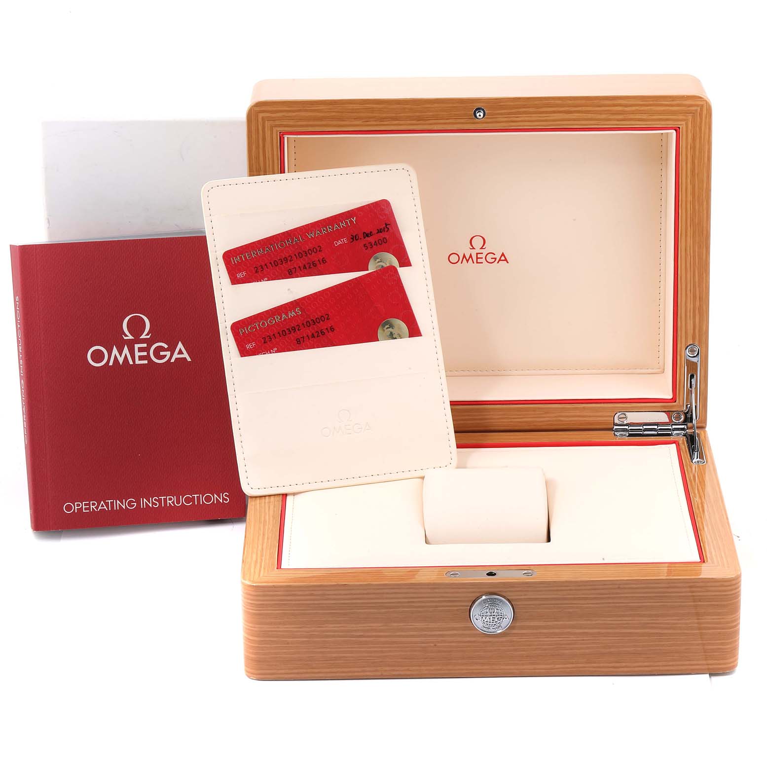 The image shows the opened packaging box for the Omega Aqua Terra 231.10.39.21.03.002 Men
s Stainless Steel Blue Dial 231.10.39.21.03.002 Men
s Stainless Steel Blue Dial model, along with the international warranty card and operating instructions.