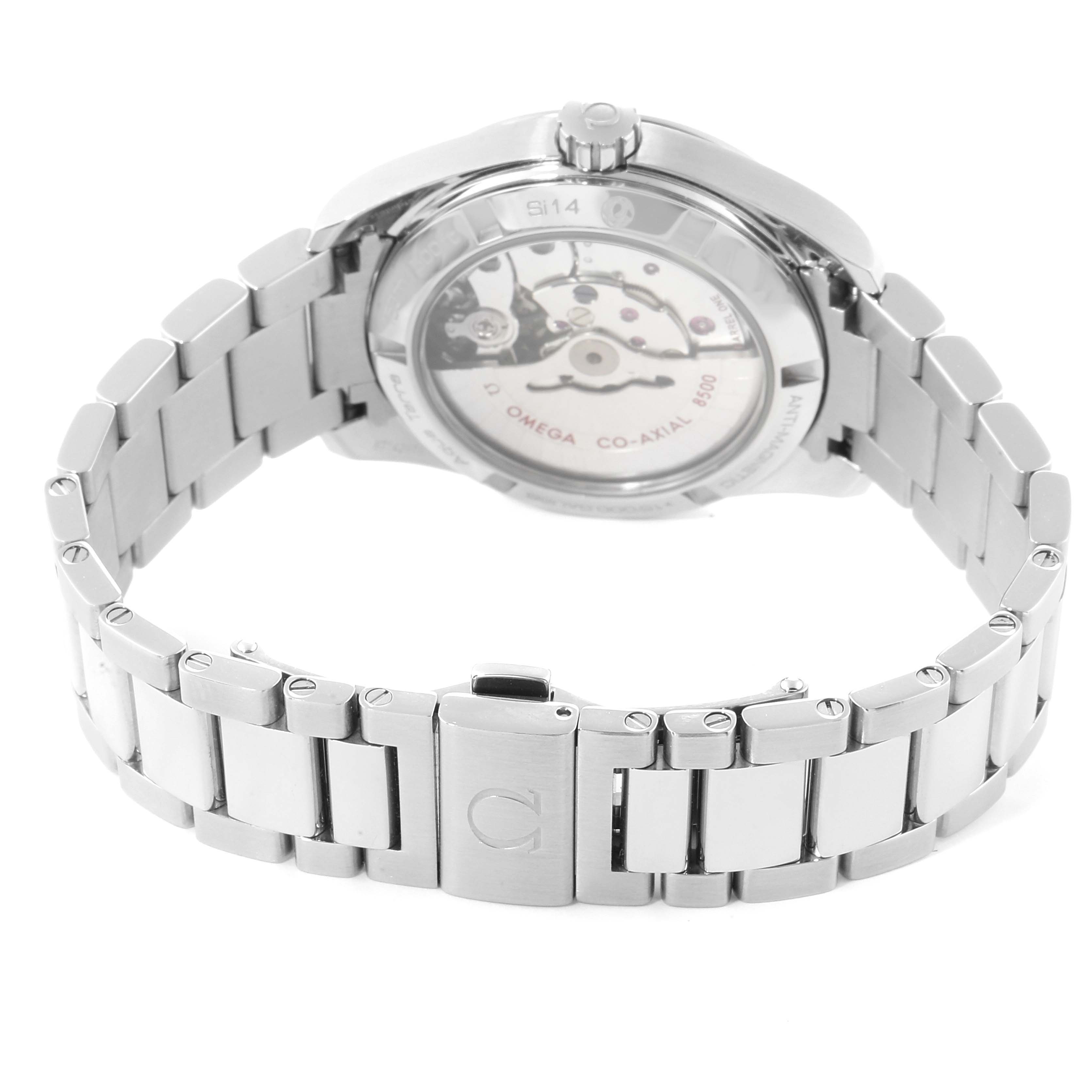 The image shows the back of the Omega Aqua Terra 231.10.39.21.03.002 Men
s Stainless Steel Blue Dial 231.10.39.21.03.002 Men
s Stainless Steel Blue Dial watch, highlighting its stainless steel bracelet and transparent case back.