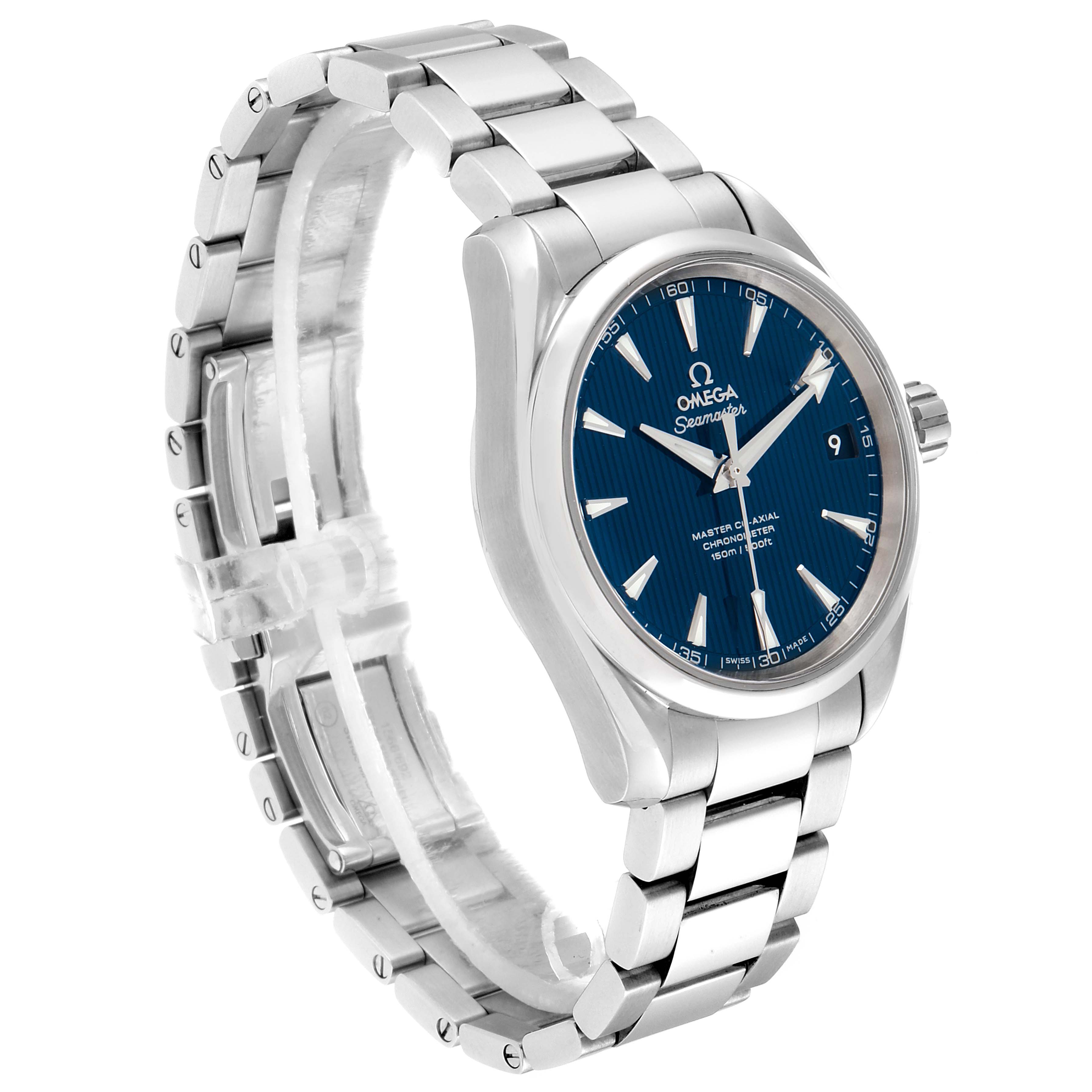 This image shows an Omega Aqua Terra 231.10.39.21.03.002 Men
s Stainless Steel Blue Dial 231.10.39.21.03.002 Men
s Stainless Steel Blue Dial watch at a three-quarter angle, highlighting the face, bezel, and metal bracelet.