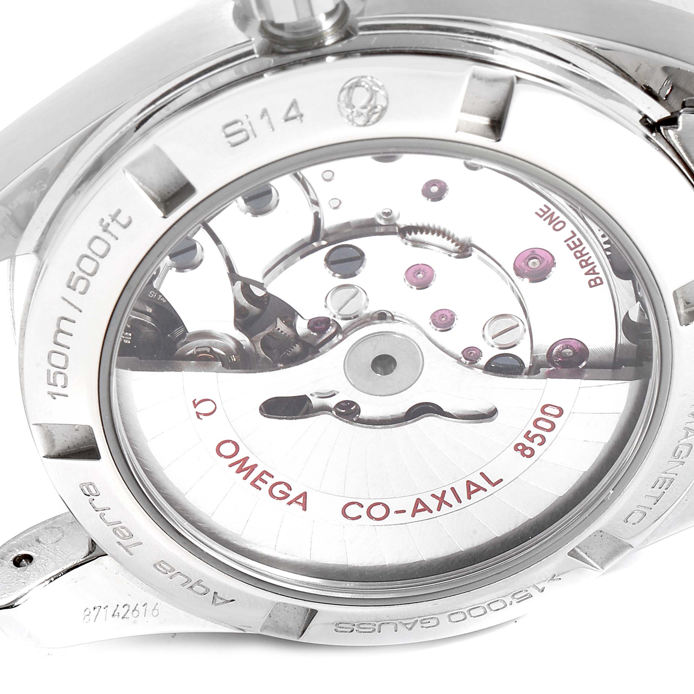 The image shows the back case of the Omega Aqua Terra 231.10.39.21.03.002 Men
s Stainless Steel Blue Dial 231.10.39.21.03.002 Men
s Stainless Steel Blue Dial watch, highlighting the inner mechanisms and engravings.