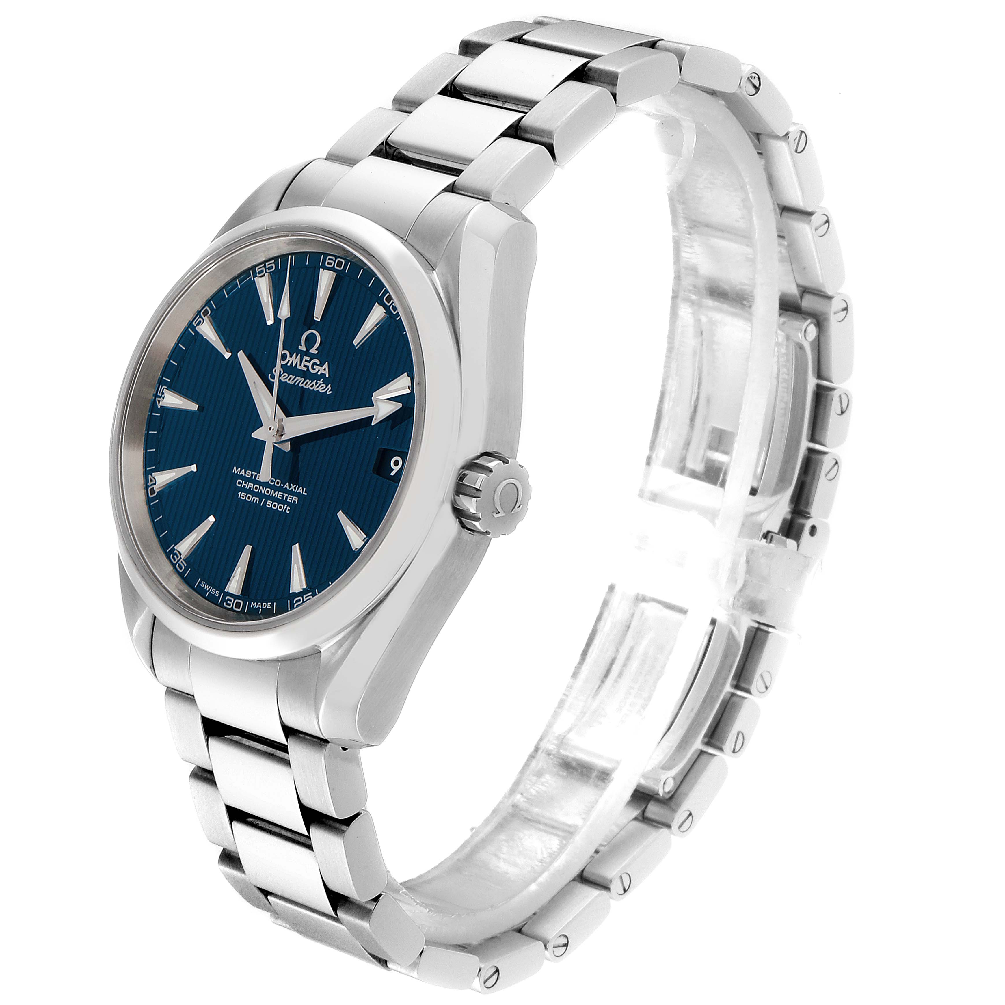 The Omega Aqua Terra 231.10.39.21.03.002 Men
s Stainless Steel Blue Dial 231.10.39.21.03.002 Men
s Stainless Steel Blue Dial watch is shown from a front-left angle displaying the face, bezel, crown, and bracelet.