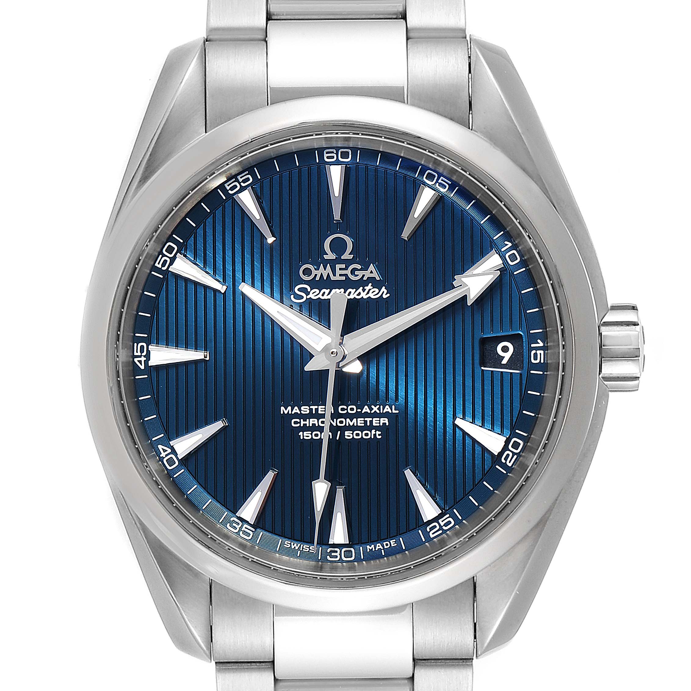 The Omega Aqua Terra 231.10.39.21.03.002 Men
s Stainless Steel Blue Dial 231.10.39.21.03.002 Men
s Stainless Steel Blue Dial watch is shown from a front angle, displaying its blue dial, date window, and stainless steel bracelet.