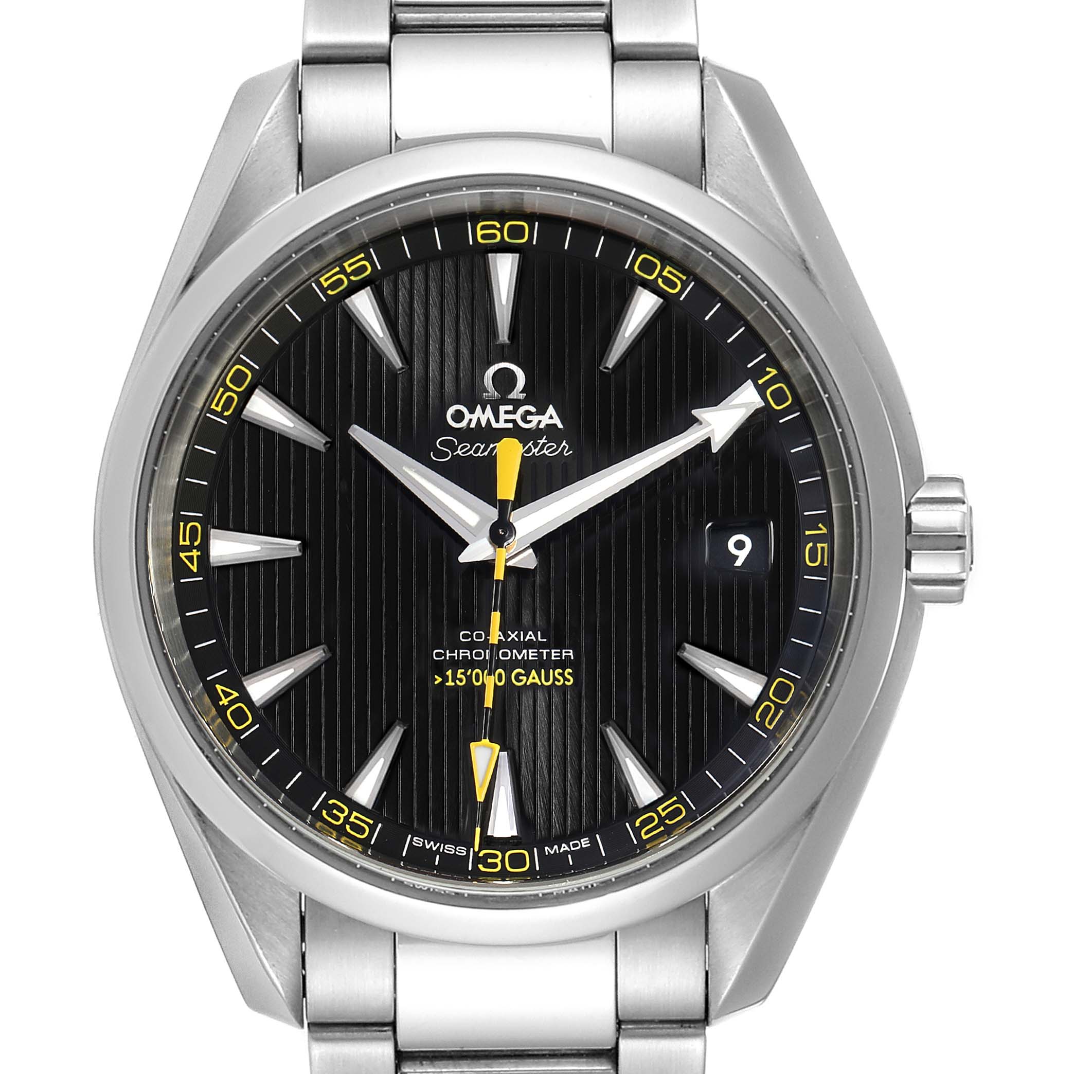 The image shows a front view of an Omega Aqua Terra 231.10.42.21.01.002 Men's Stainless Steel Black Dial 231.10.42.21.01.002 Men's Stainless Steel Black Dial watch, highlighting the dial, hands, date window, and bracelet.