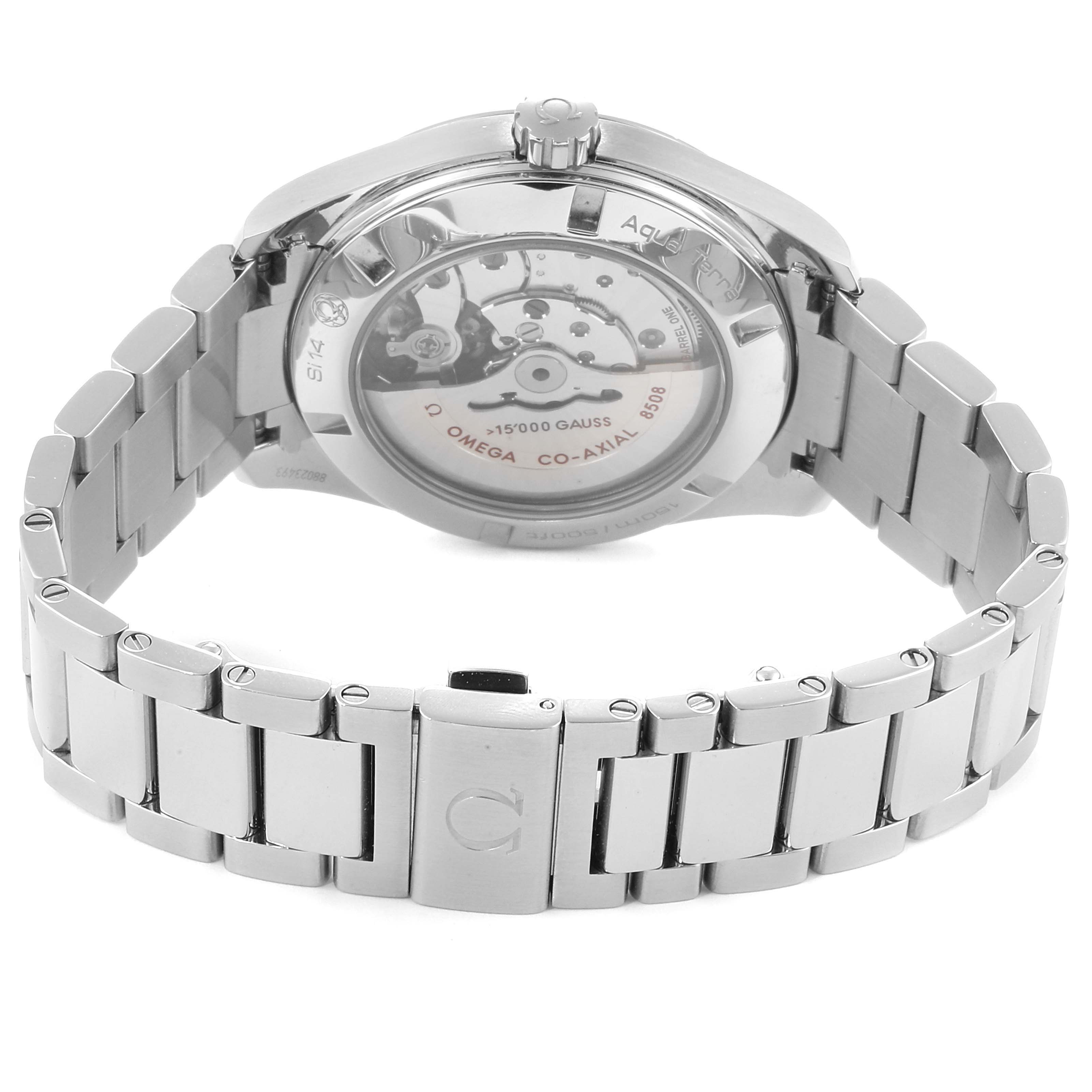 The image shows the back view of an Omega Aqua Terra 231.10.42.21.01.002 Men's Stainless Steel Black Dial 231.10.42.21.01.002 Men's Stainless Steel Black Dial watch, highlighting the movement and metal bracelet.