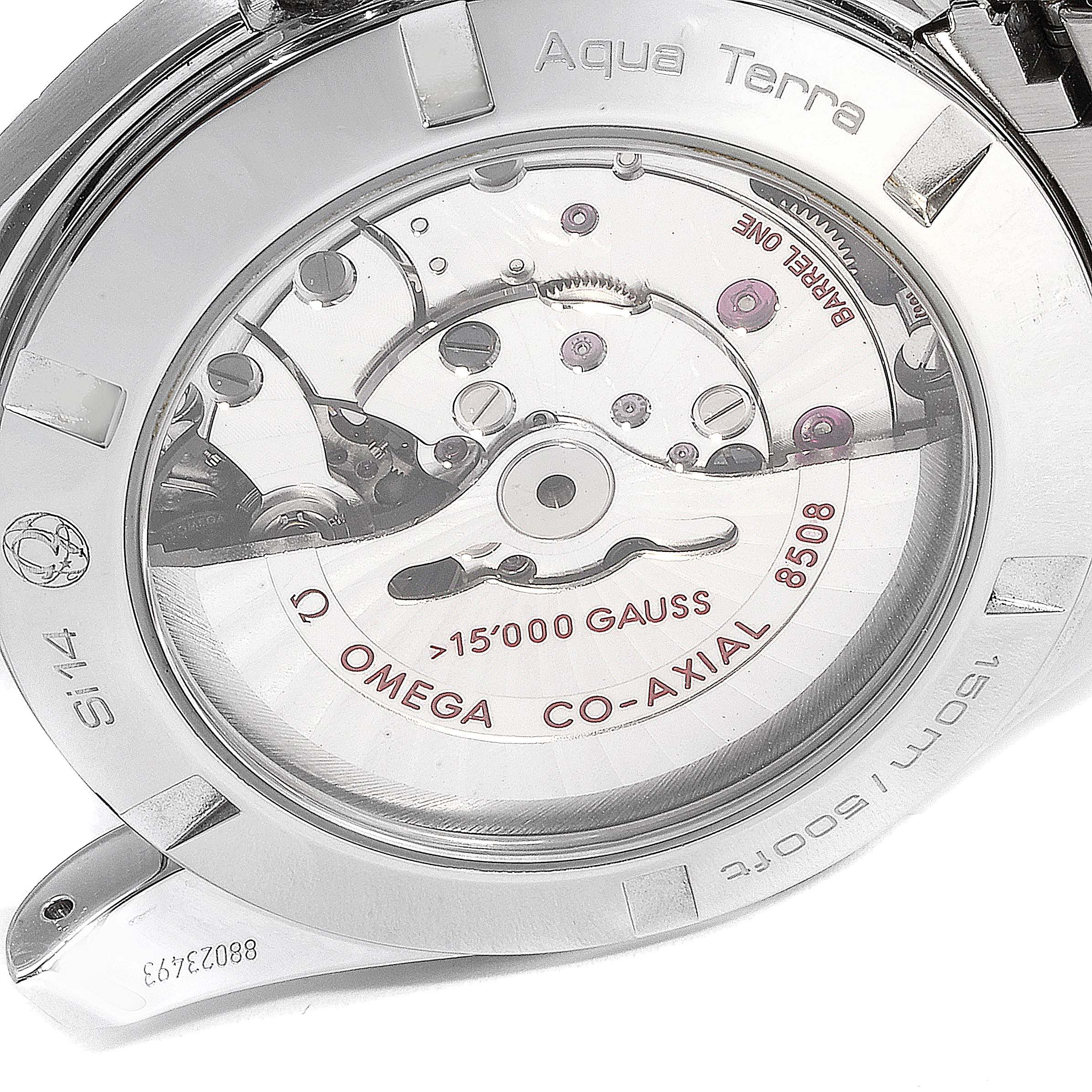 The image shows the case back of the Omega Aqua Terra 231.10.42.21.01.002 Men's Stainless Steel Black Dial 231.10.42.21.01.002 Men's Stainless Steel Black Dial, displaying the movement and internal mechanisms.