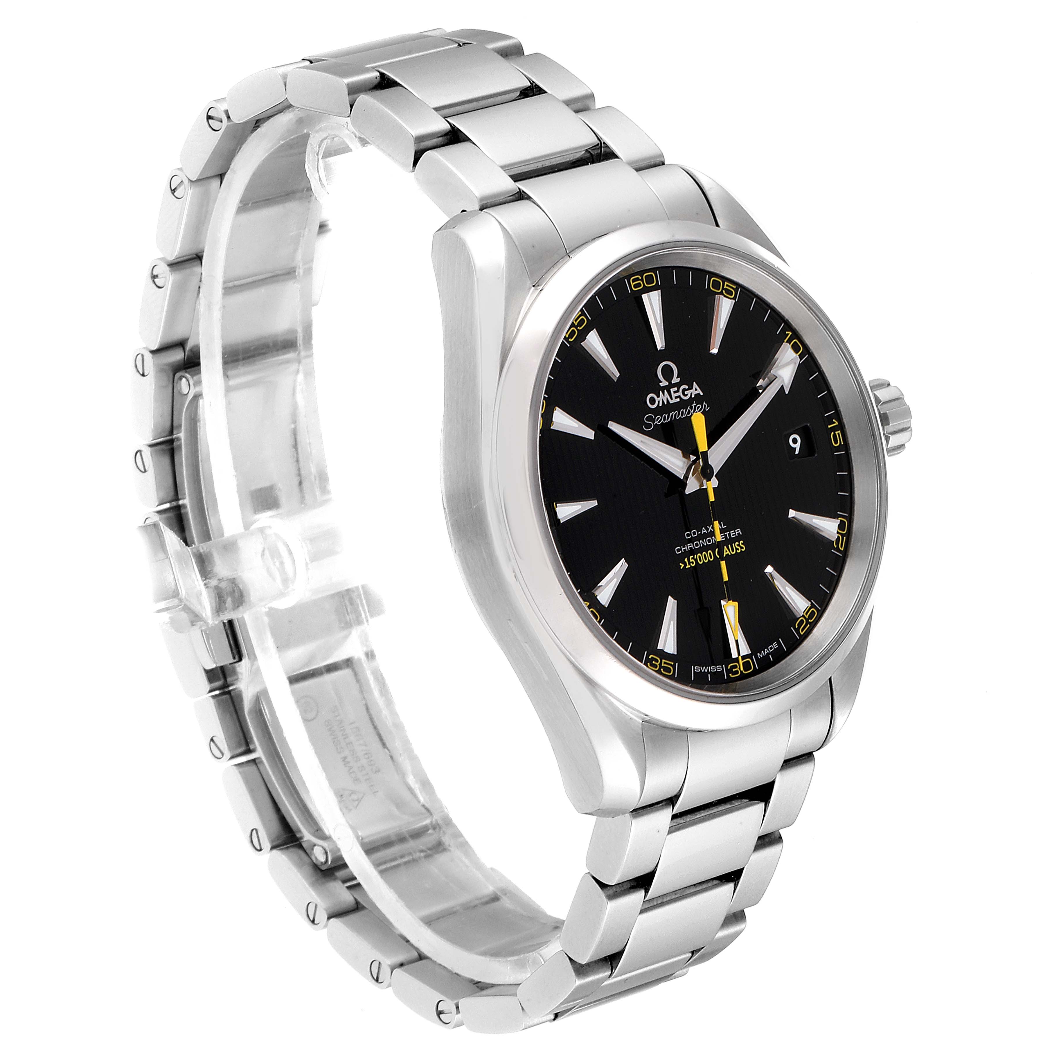 The Omega Aqua Terra 231.10.42.21.01.002 Men's Stainless Steel Black Dial 231.10.42.21.01.002 Men's Stainless Steel Black Dial watch is shown at a right-side angle, displaying its black dial, stainless steel case, and bracelet.