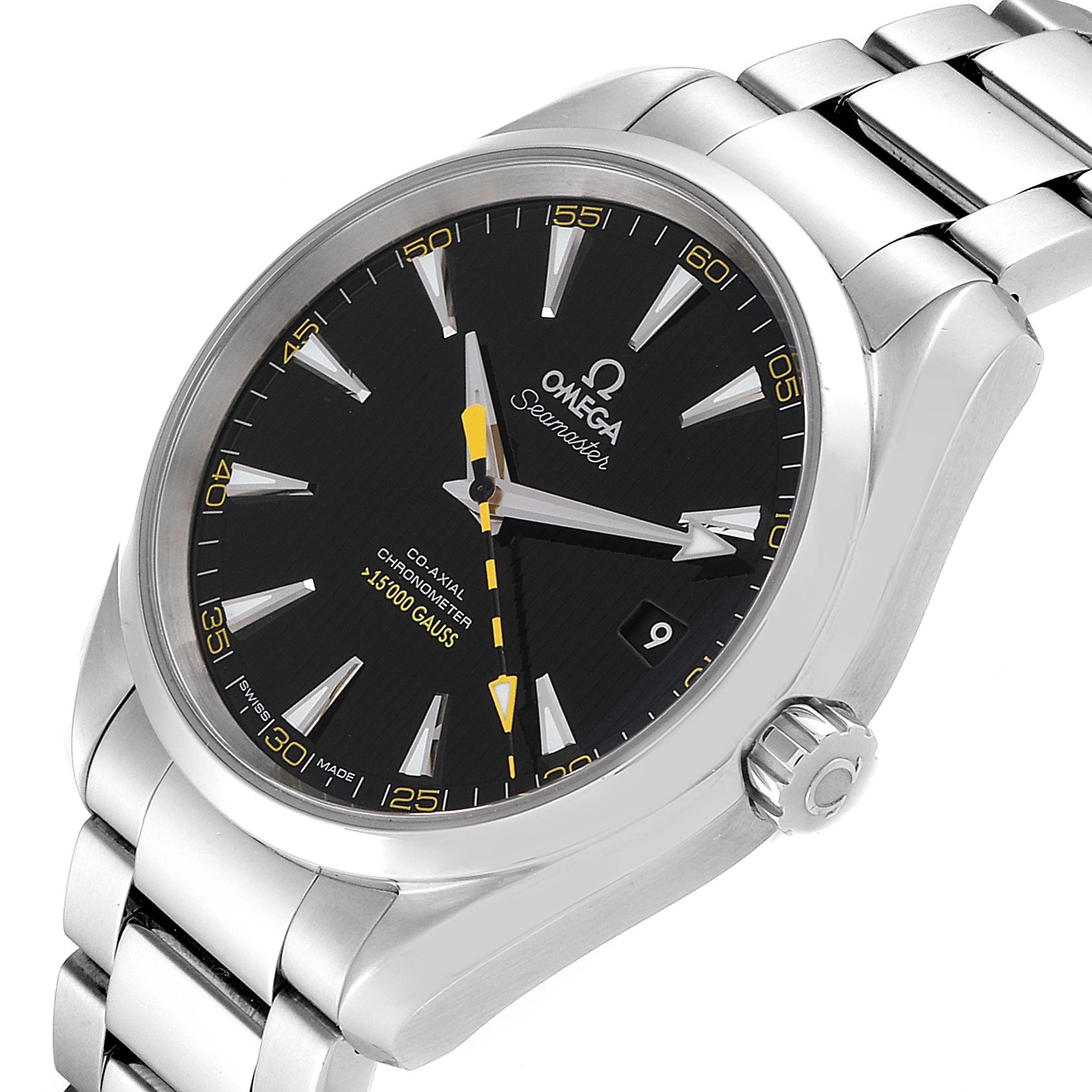 This image shows the front and right side of an Omega Seamaster Aqua Terra watch, highlighting its dial, bezel, crown, and bracelet.