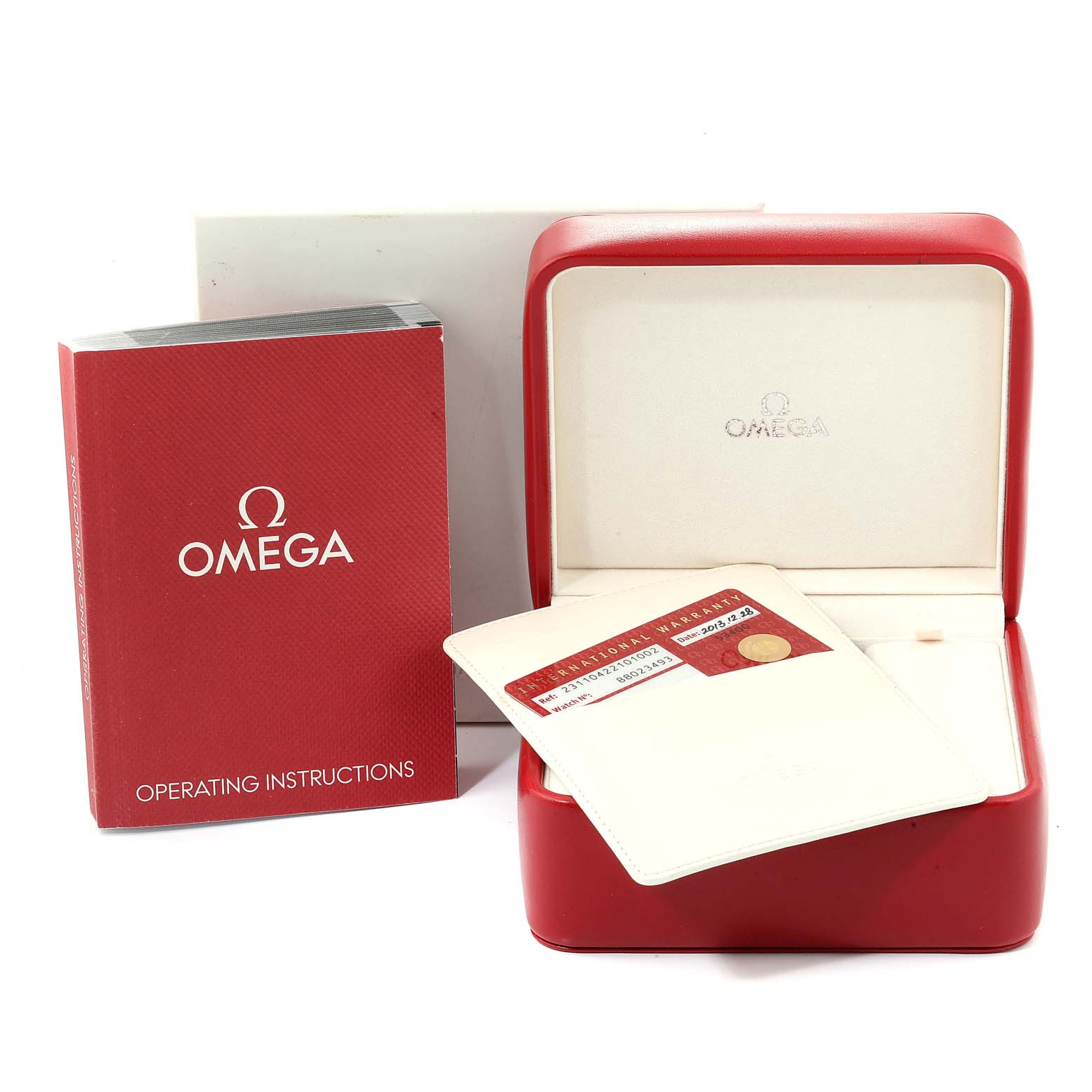 The image shows the Omega Aqua Terra 231.10.42.21.01.002 Men's Stainless Steel Black Dial 231.10.42.21.01.002 Men's Stainless Steel Black Dial watch's empty box, warranty card, and operating instructions booklet from a frontal angle.