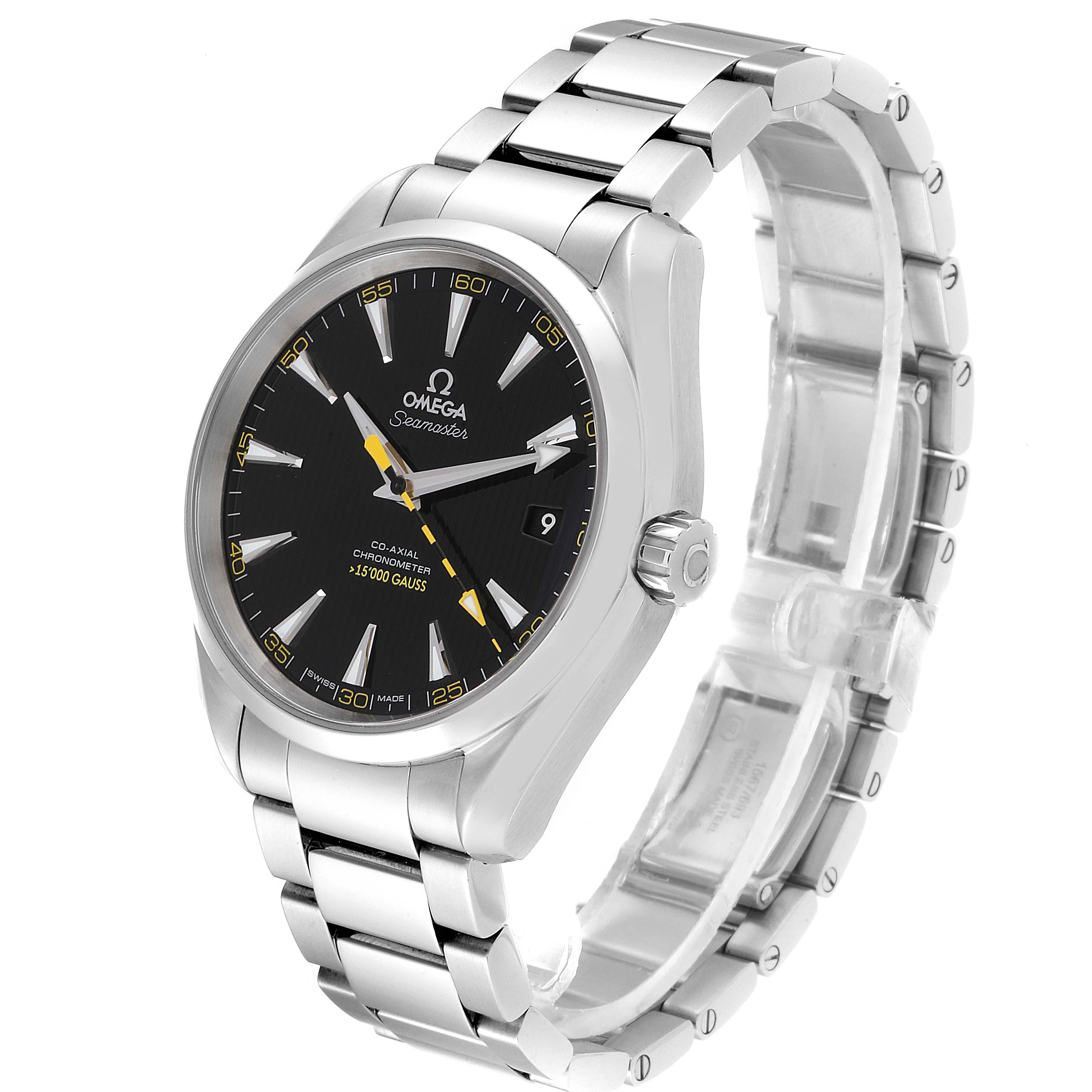 The Omega Aqua Terra 231.10.42.21.01.002 Men's Stainless Steel Black Dial 231.10.42.21.01.002 Men's Stainless Steel Black Dial watch is shown at an angle displaying its black dial, silver bracelet, crown, and clasp.