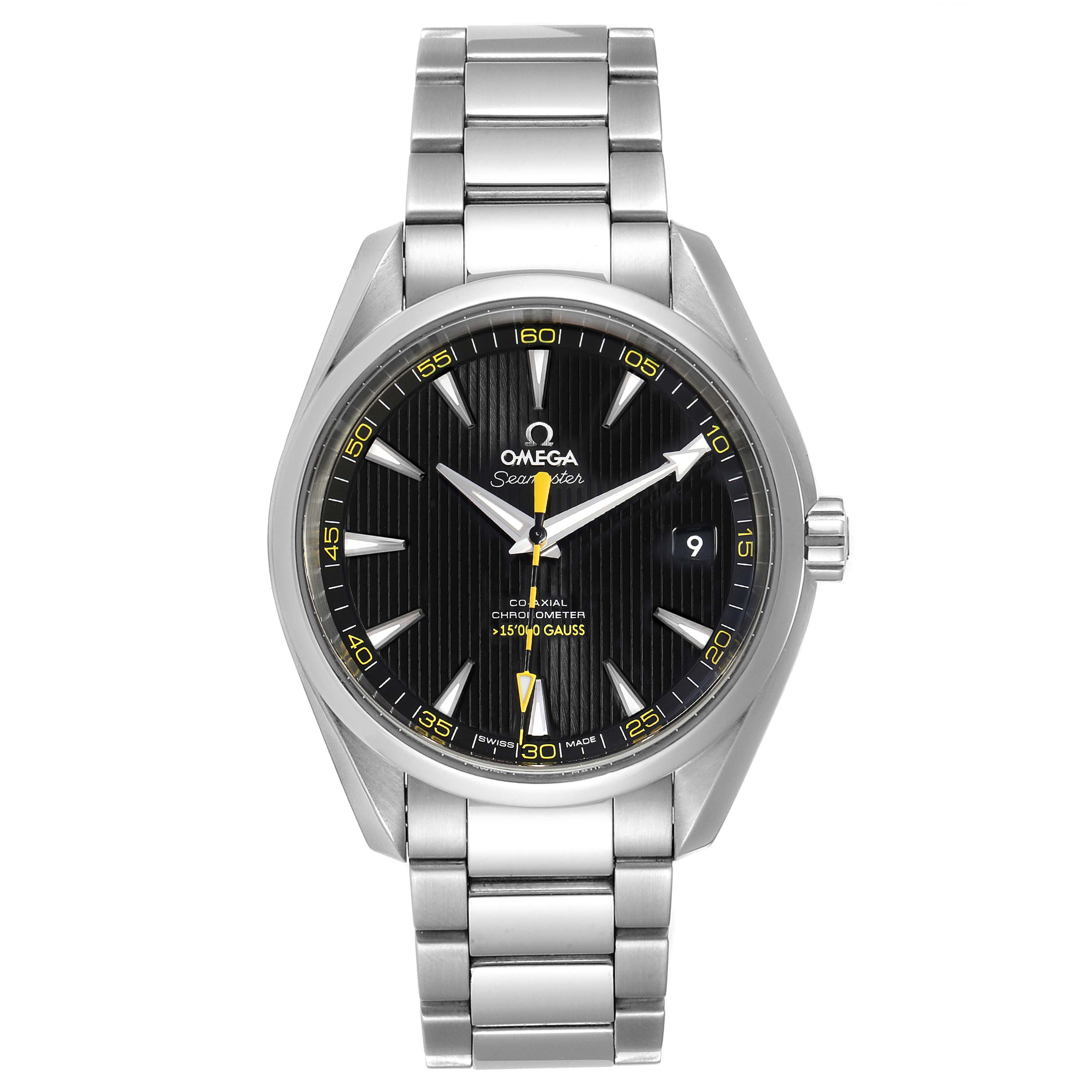 The image shows a front view of the Omega Aqua Terra 231.10.42.21.01.002 Men's Stainless Steel Black Dial 231.10.42.21.01.002 Men's Stainless Steel Black Dial watch, highlighting its dial, hands, bracelet, and date window.