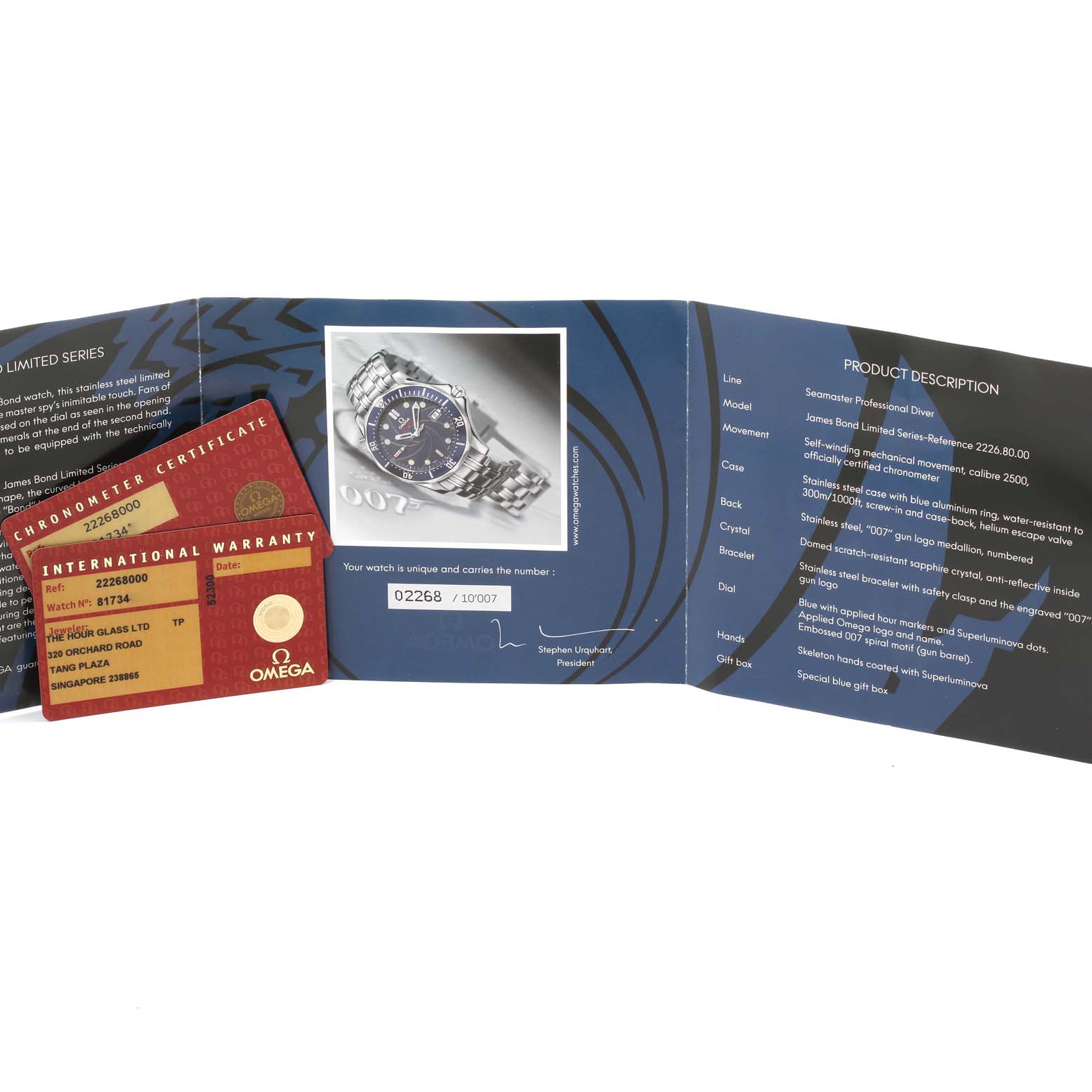This image shows the product description, warranty card, and certificate for the Omega Seamaster 2226.80.00 Men's Stainless Steel Blue Dial 2226.80.00 Men's Stainless Steel Blue Dial model.
