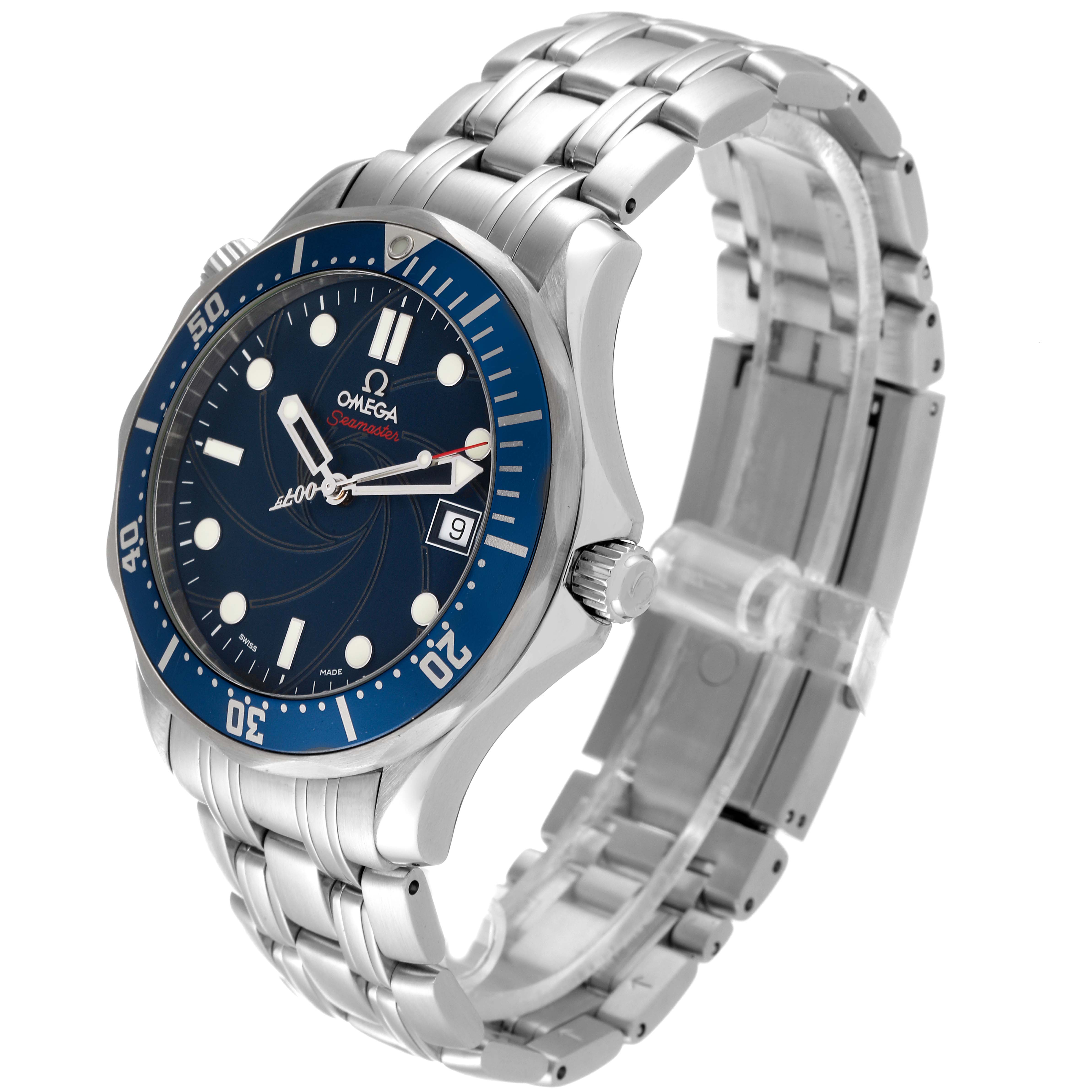 This image shows an angled side and front view of an Omega Seamaster 2226.80.00 Men's Stainless Steel Blue Dial 2226.80.00 Men's Stainless Steel Blue Dial watch, highlighting its face, bezel, crown, and metal bracelet.