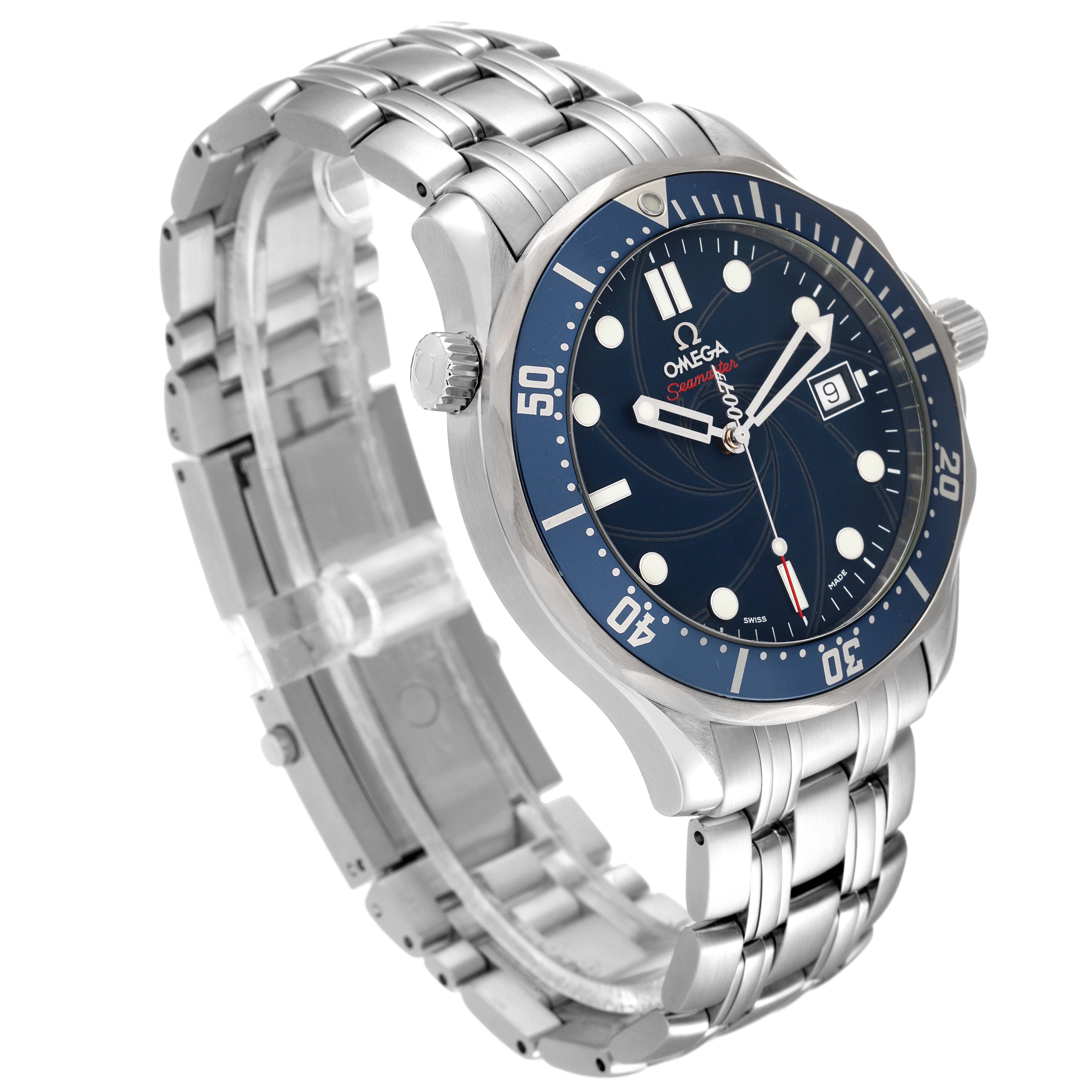 The Omega Seamaster 2226.80.00 Men's Stainless Steel Blue Dial 2226.80.00 Men's Stainless Steel Blue Dial watch is shown at an angled side view, highlighting the face, bezel, bracelet, and crown.