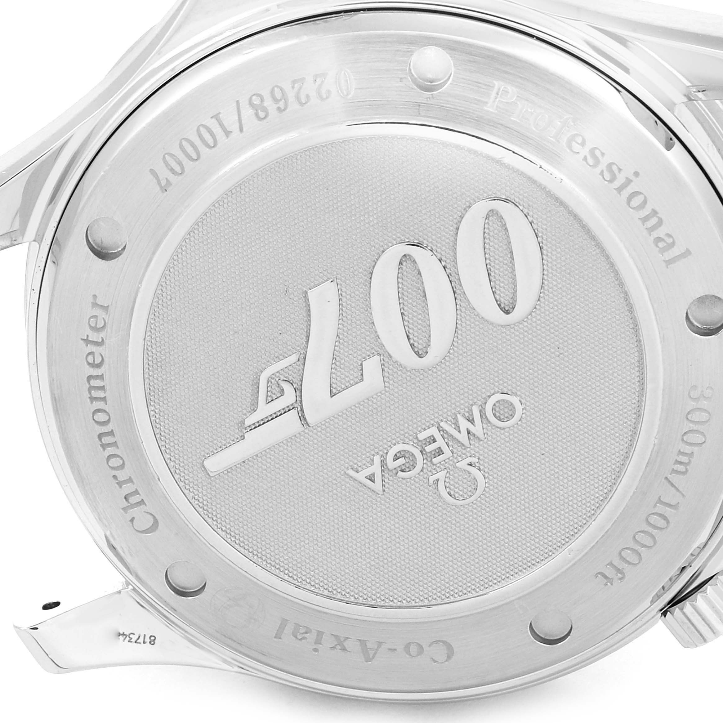 The image shows the case back of an Omega Seamaster 2226.80.00 Men's Stainless Steel Blue Dial 2226.80.00 Men's Stainless Steel Blue Dial watch with "007" branding and various engravings.