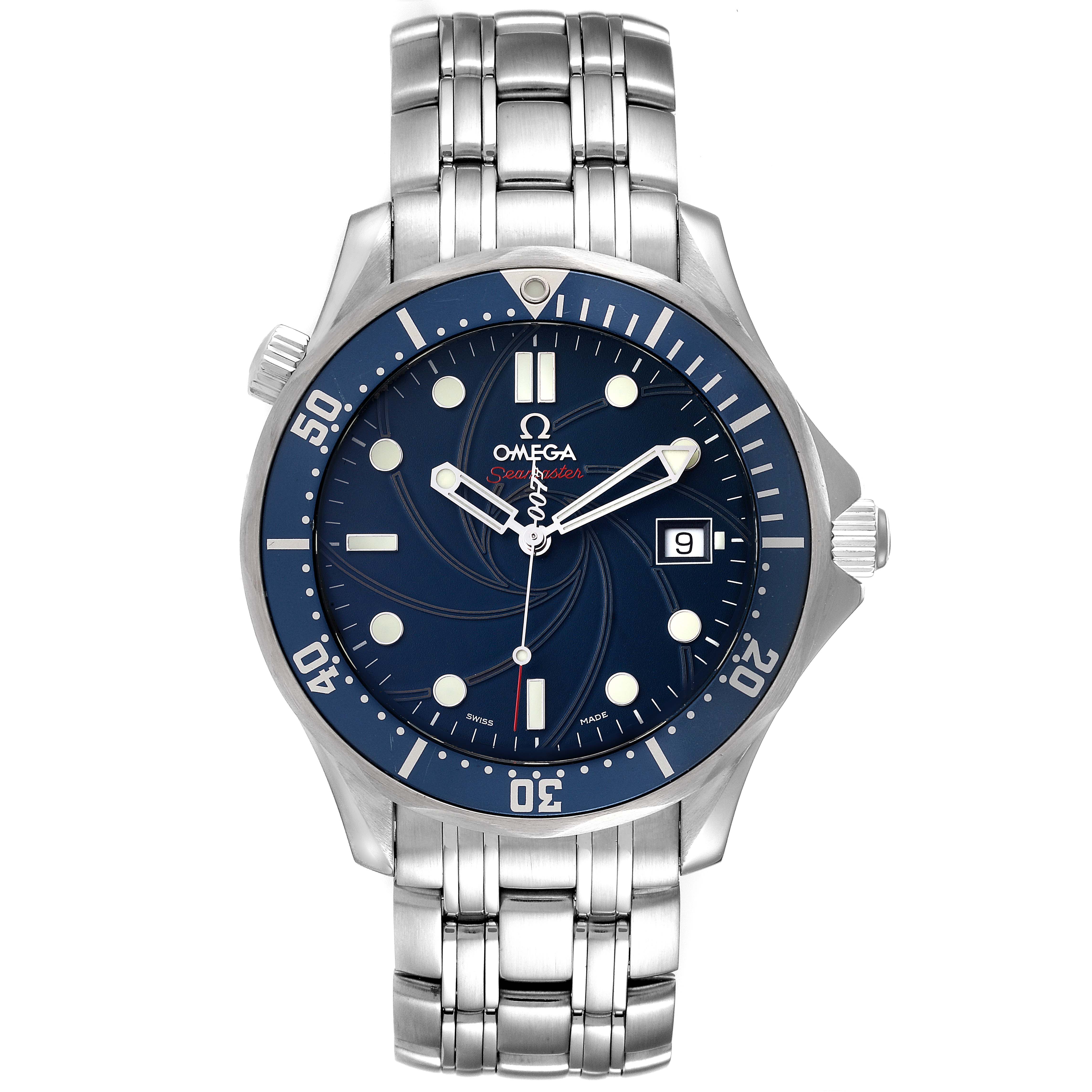 The Omega Seamaster 2226.80.00 Men's Stainless Steel Blue Dial 2226.80.00 Men's Stainless Steel Blue Dial watch is shown from a front angle, displaying its dial, bezel, hands, and metal bracelet.