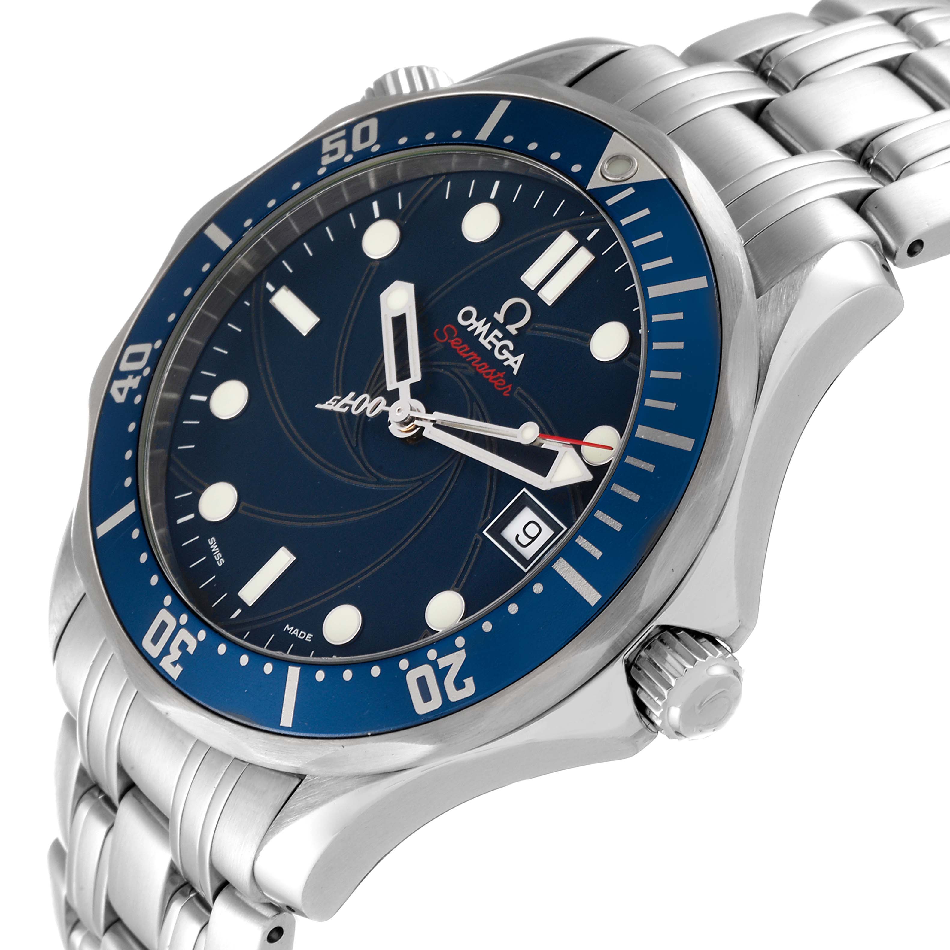 The Omega Seamaster 2226.80.00 Men's Stainless Steel Blue Dial 2226.80.00 Men's Stainless Steel Blue Dial watch is shown at a slightly tilted angle, showcasing its bezel, dial, hands, date window, and bracelet.