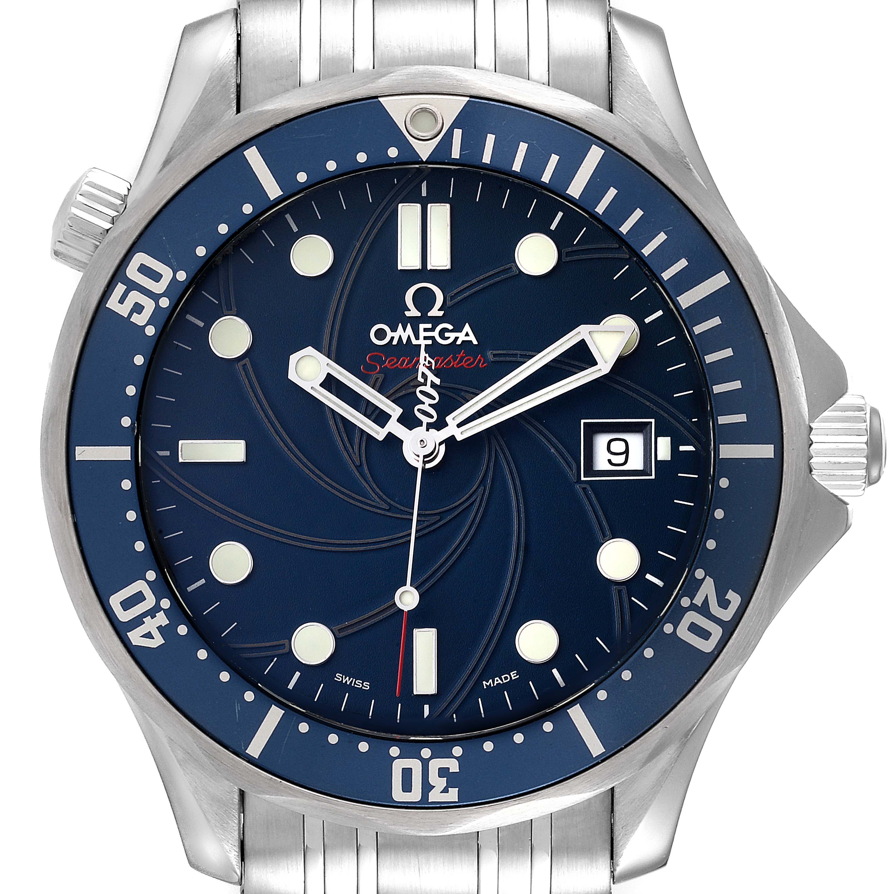 The Omega Seamaster 2226.80.00 Men's Stainless Steel Blue Dial 2226.80.00 Men's Stainless Steel Blue Dial watch is shown from a front angle, highlighting the dial, bezel, and part of the strap.